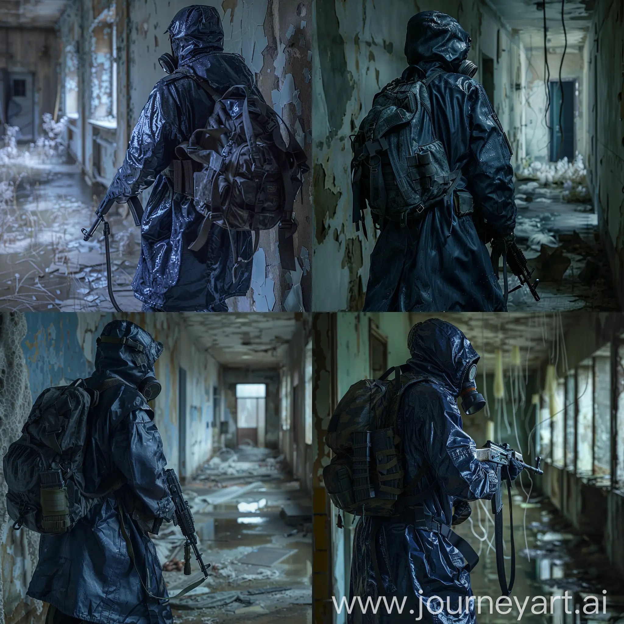 The universe of a S.T.A.L.K.E.R., a mercenary in a dark blue military raincoat, in military unloading, with a backpack on his back, a gas mask on the mercenary's face, a sniper rifle in his hands, a mercenary walks along the corridor of an abandoned building in Pripyat, dangerous radiation fluff hangs from the wall, a gloomy atmosphere.