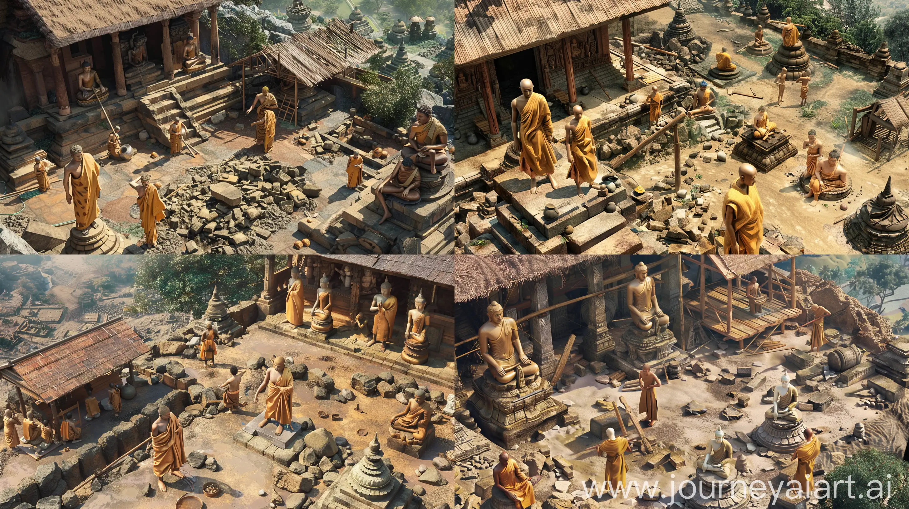 top view, 8th century Borobudur temple, the temple has not yet been built, there are still lots of stones scattered around, you can see workers, the workers are wearing traditional Buddhist clothes, without shirts, you can see several monks, there is a small wooden hut without walls, you can see some of the Buddha statues have been completed. super realistic, nice detail, --v 6 --ar 16:9