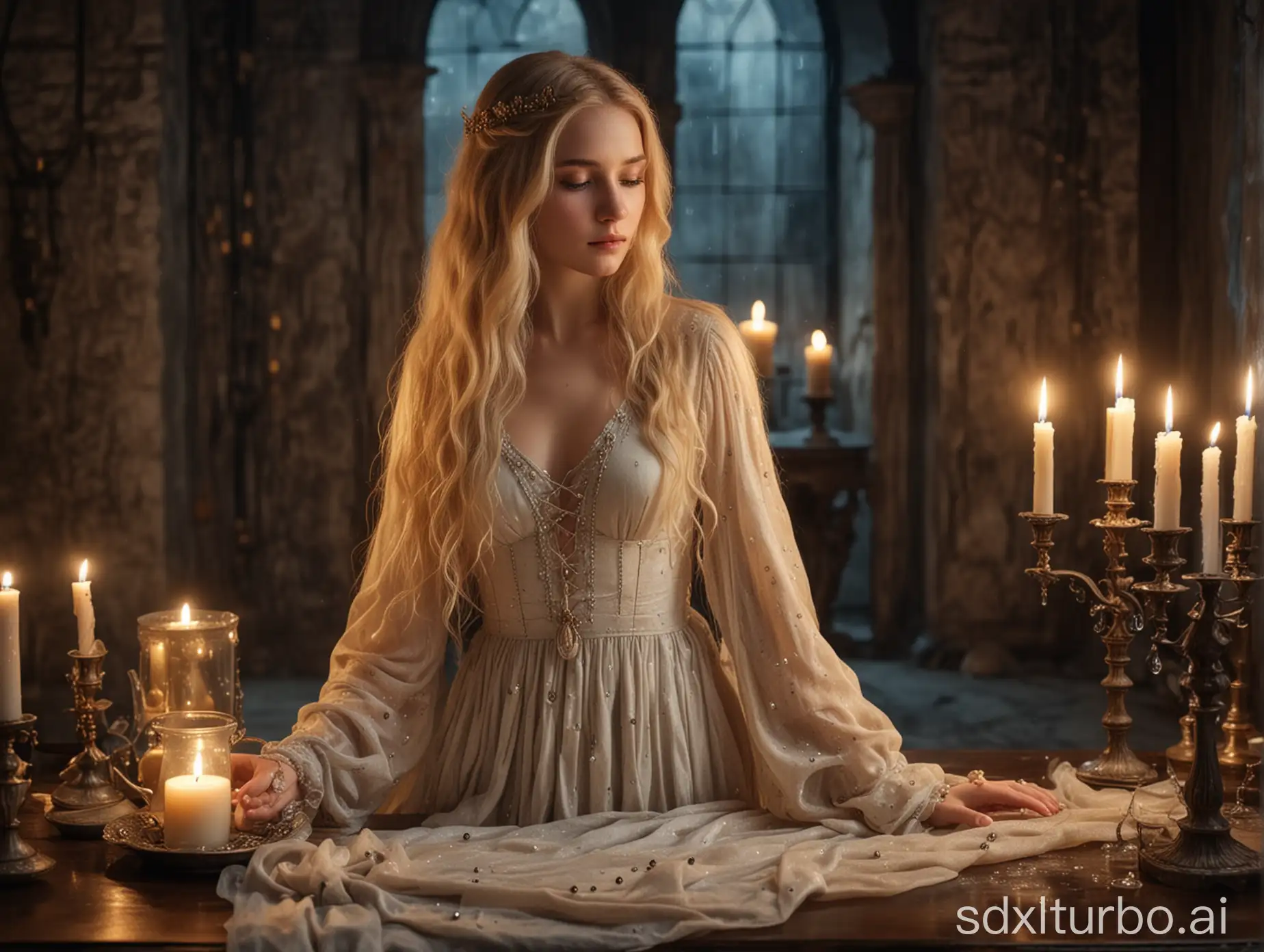 Mystical-Blonde-Maiden-Pouring-Water-in-Candlelit-Chamber