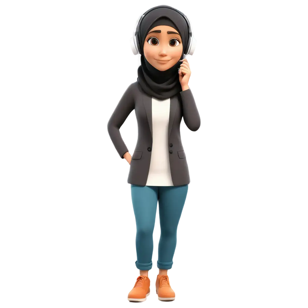 Cartoon-Muslim-Woman-Using-Earphone-PNG-Vibrant-Illustration-of-Modern-Lifestyle