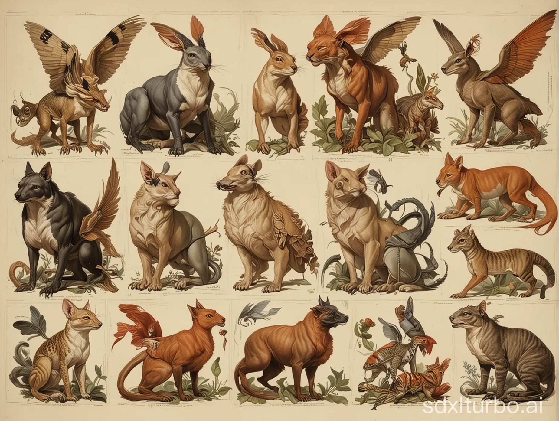 natural history illustration of various fantasy animal hybrids in Leyendecker illustration style
