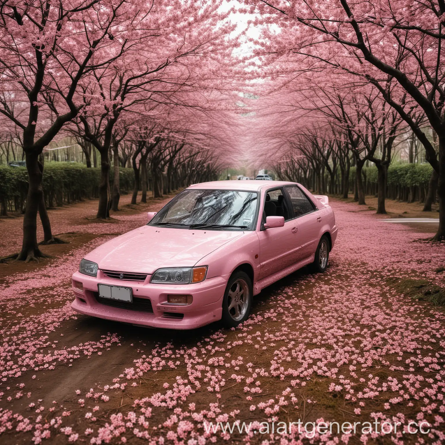 Car-Amidst-Blossoming-Sakura-Trees-in-Tranquil-Forest