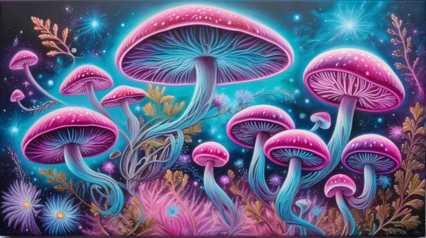 textured oil painting of abstract art of florescent colors of turquoise-neon and pinks and silver and golden-whites in pink dust and a magical magenta mushrooms and asters glowing with luminescent  green vines among blue and purple galaxies and small-pink-oak leaves with bright turquoise