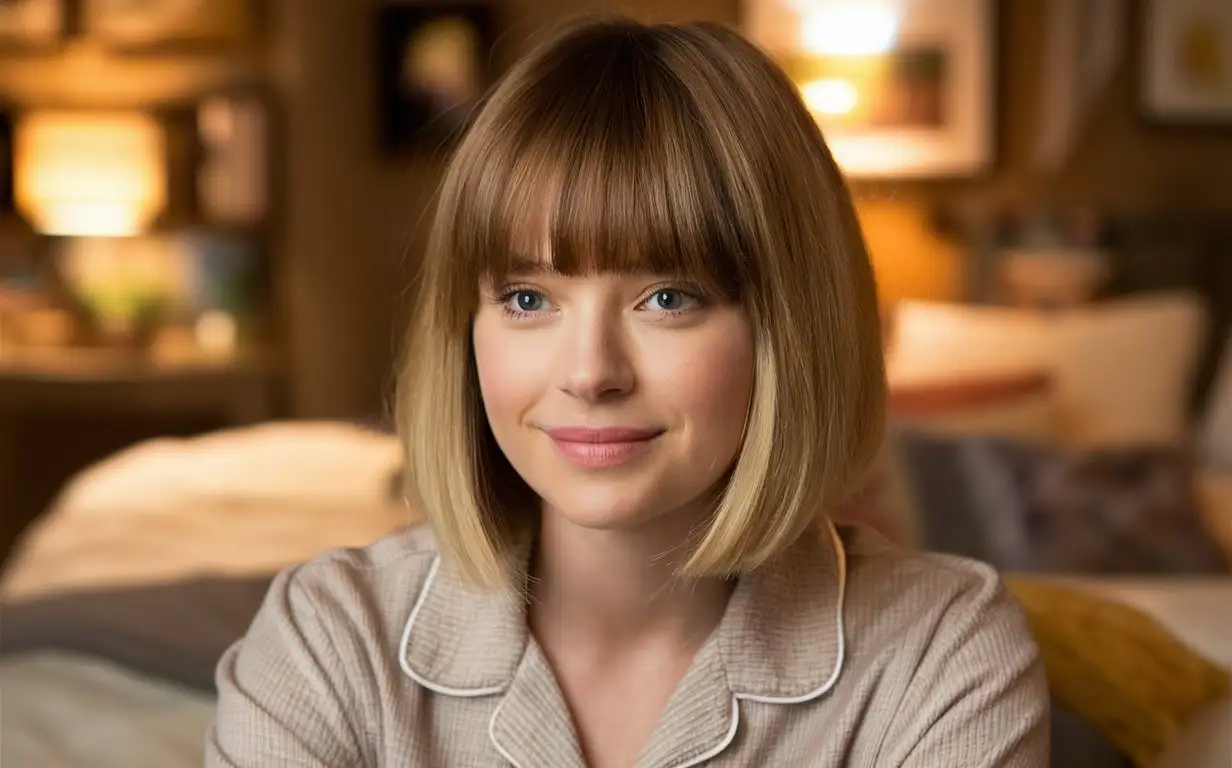 Emma stsone straight blonde bob haircut, chin-length, with blunt ends and a full fringe covering the forehead, wearing a pajama, in her room