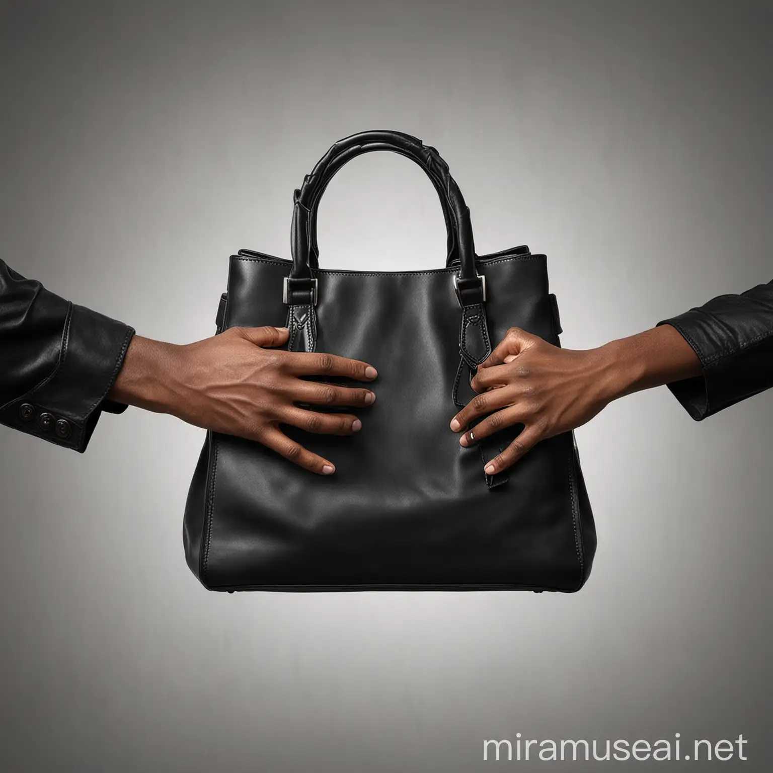 Two African hands fighting over a black handbag png