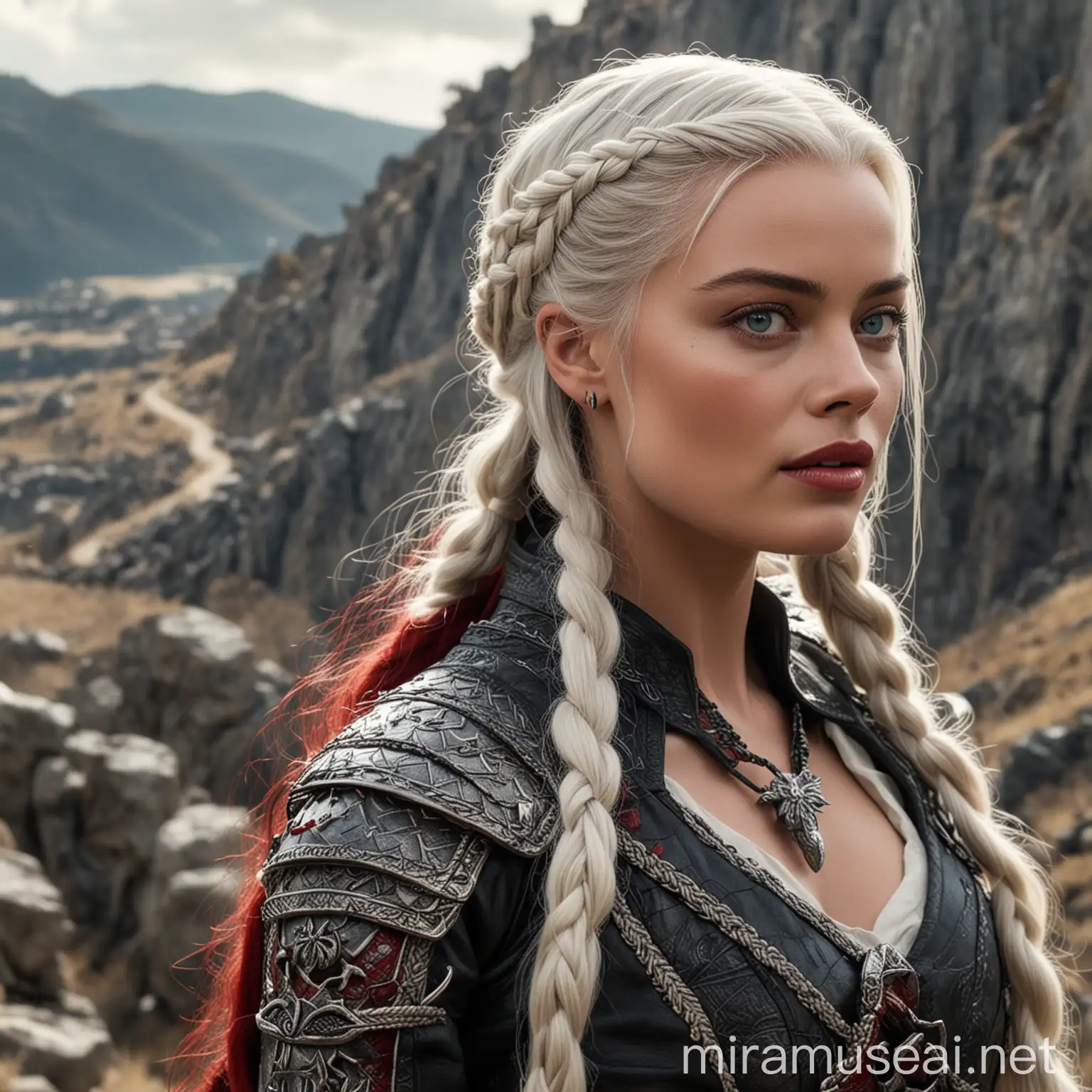 Margot Robbie en tant que princesse de la Maison Targaryen de l'Ancienne Valyria aux yeux clairs avec de longs cheveux blancs-argentés coiffés avec des tresses, portant une tenue noire et rouge typiquement Targaryen, marchant sur la pente d'une montagne ensoleillée en observant le ciel avec plénitude 