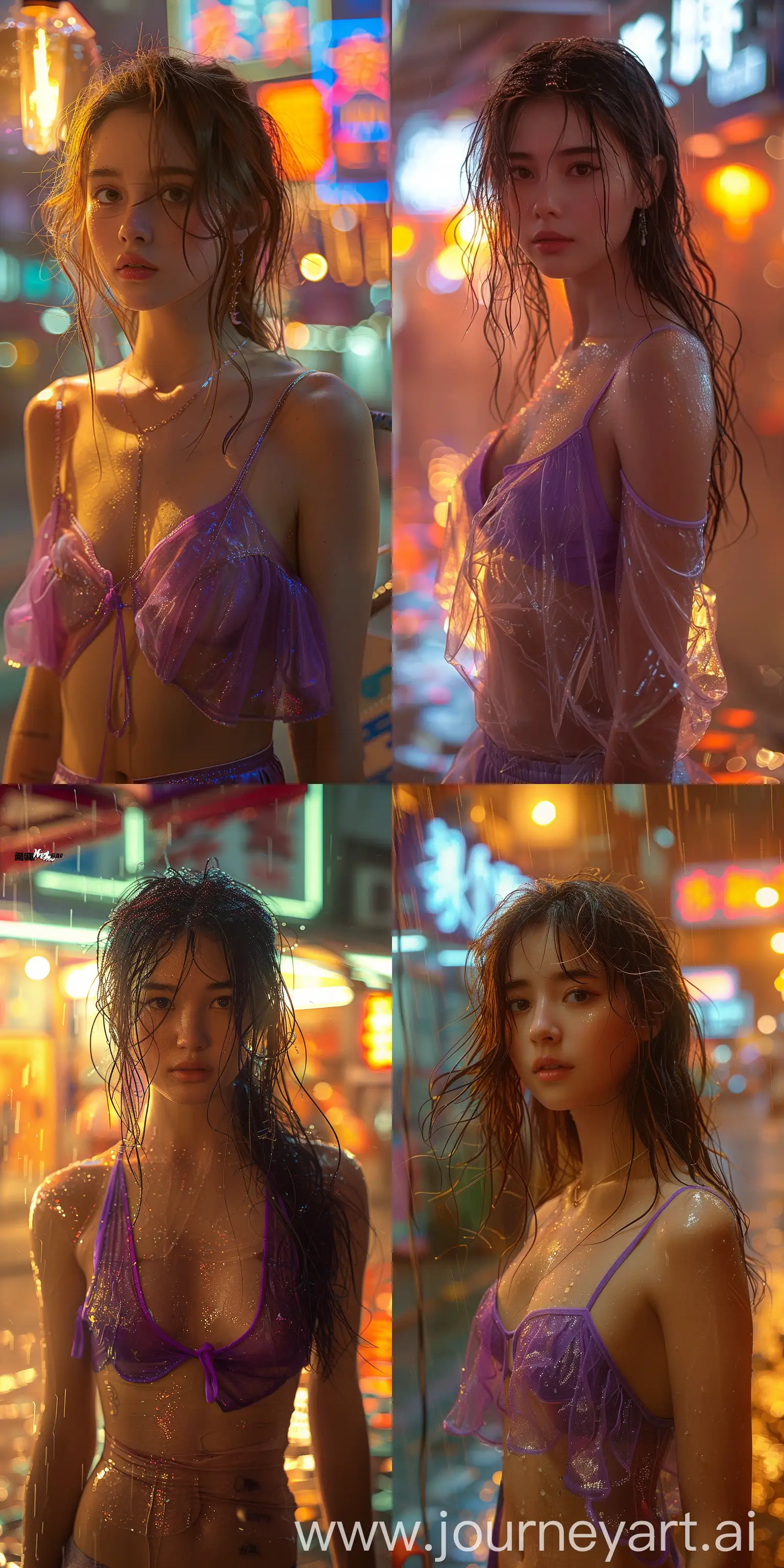a girl in a purple top in a neon city, in the style of chinapunk, iconic album covers, soft-focus portraits, luke fildes, light amber and silver, exotic, captivating lighting --ar 1:2 --stylize 750 --v 6