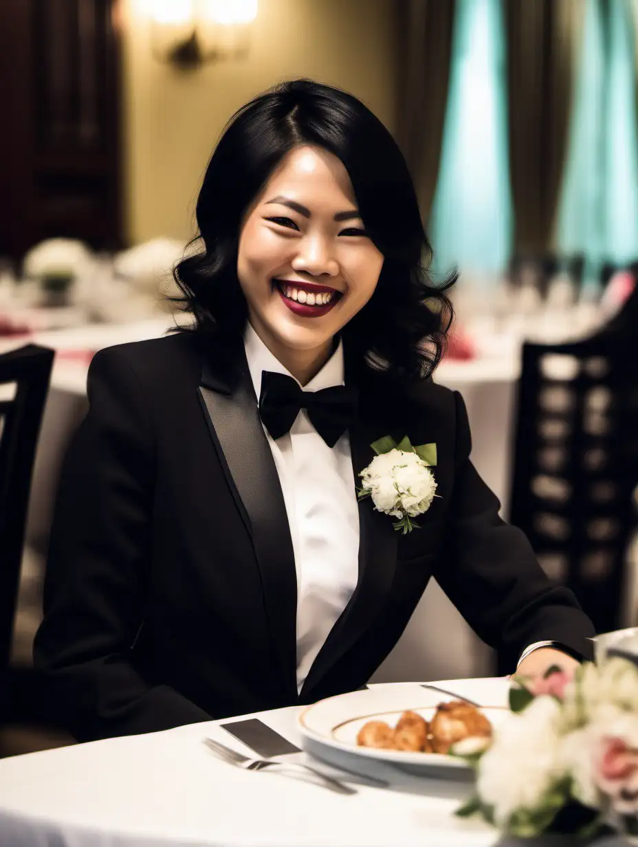 30 year old smiling and laughing Vietnamese woman with black shoulder length hair and lipstick wearing a tuxedo with a black bow tie and big black cufflinks. Her jacket has a corsage. She is sitting at a dinner table.