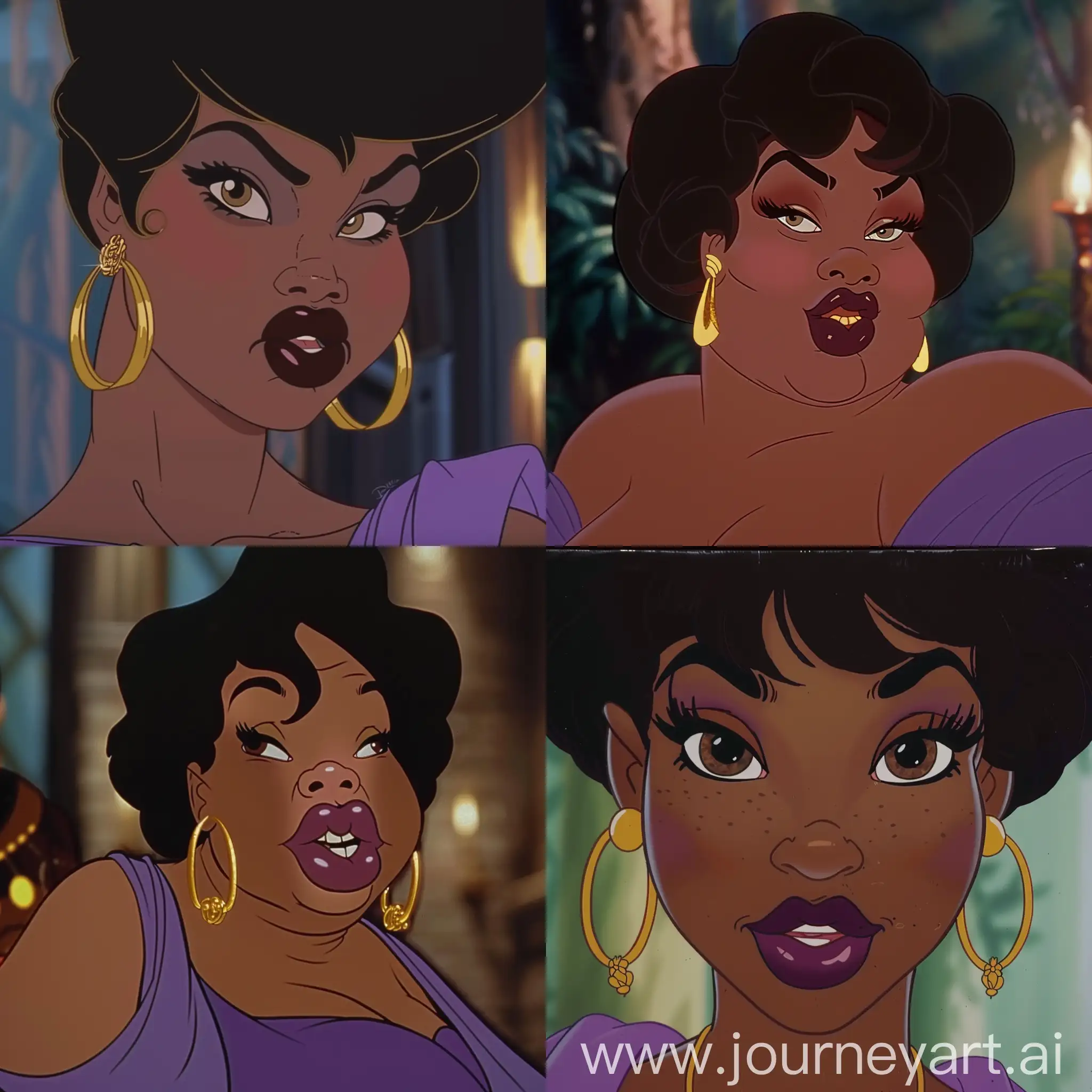 a fat black woman with short afro hair wearing gold earrings,  her lips are big, and wears a purple in 1990's cartoon disney