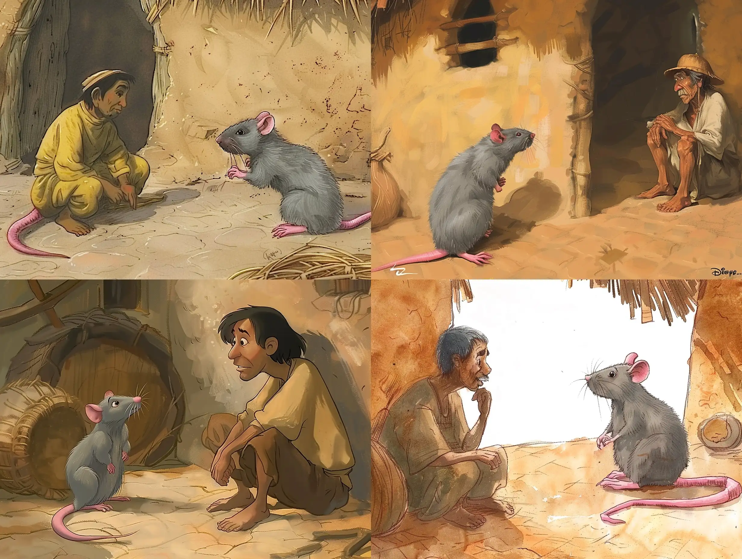 Illustration like a Disney fairytale about the peasant who met the gray rat with pink  tail in his Indonesian house, the rat is sly and sits on the clay floor and looks at the peasant