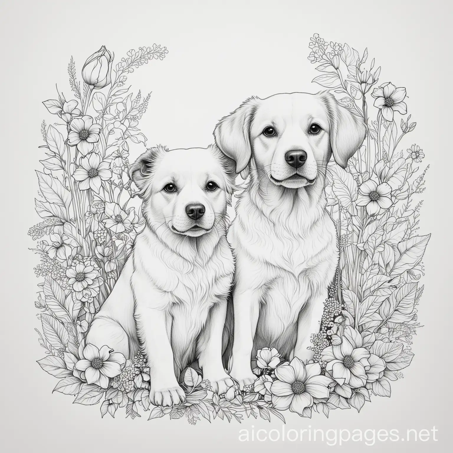 flowers and dogs, Coloring Page, black and white, line art, white background, Simplicity, Ample White Space. The background of the coloring page is plain white to make it easy for young children to color within the lines. The outlines of all the subjects are easy to distinguish, making it simple for kids to color without too much difficulty