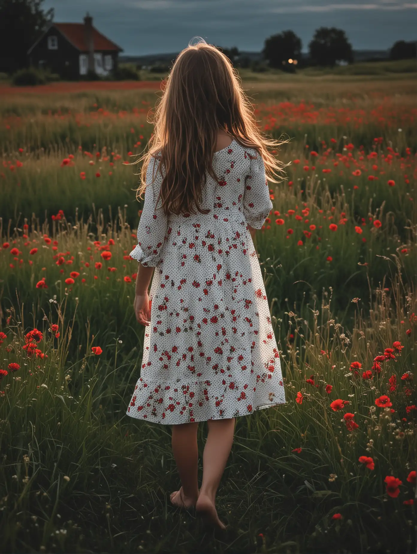 Child with Long Hair in White Dress Standing in Meadow Field at Night with Red Flowers in Stormy Weather