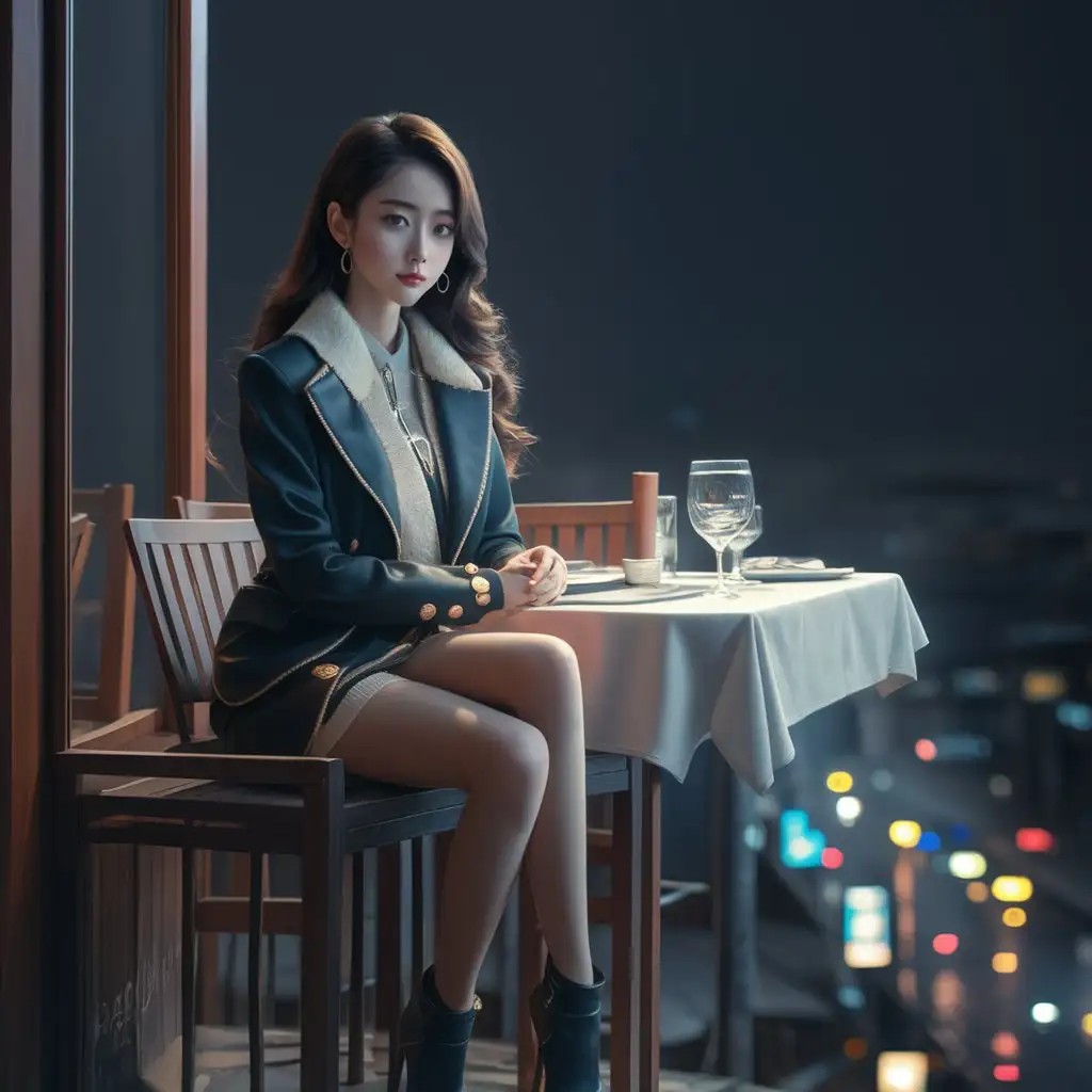 一位韓國美麗年輕女子 在2樓的餐廳 看著街上的人 黑色背景
