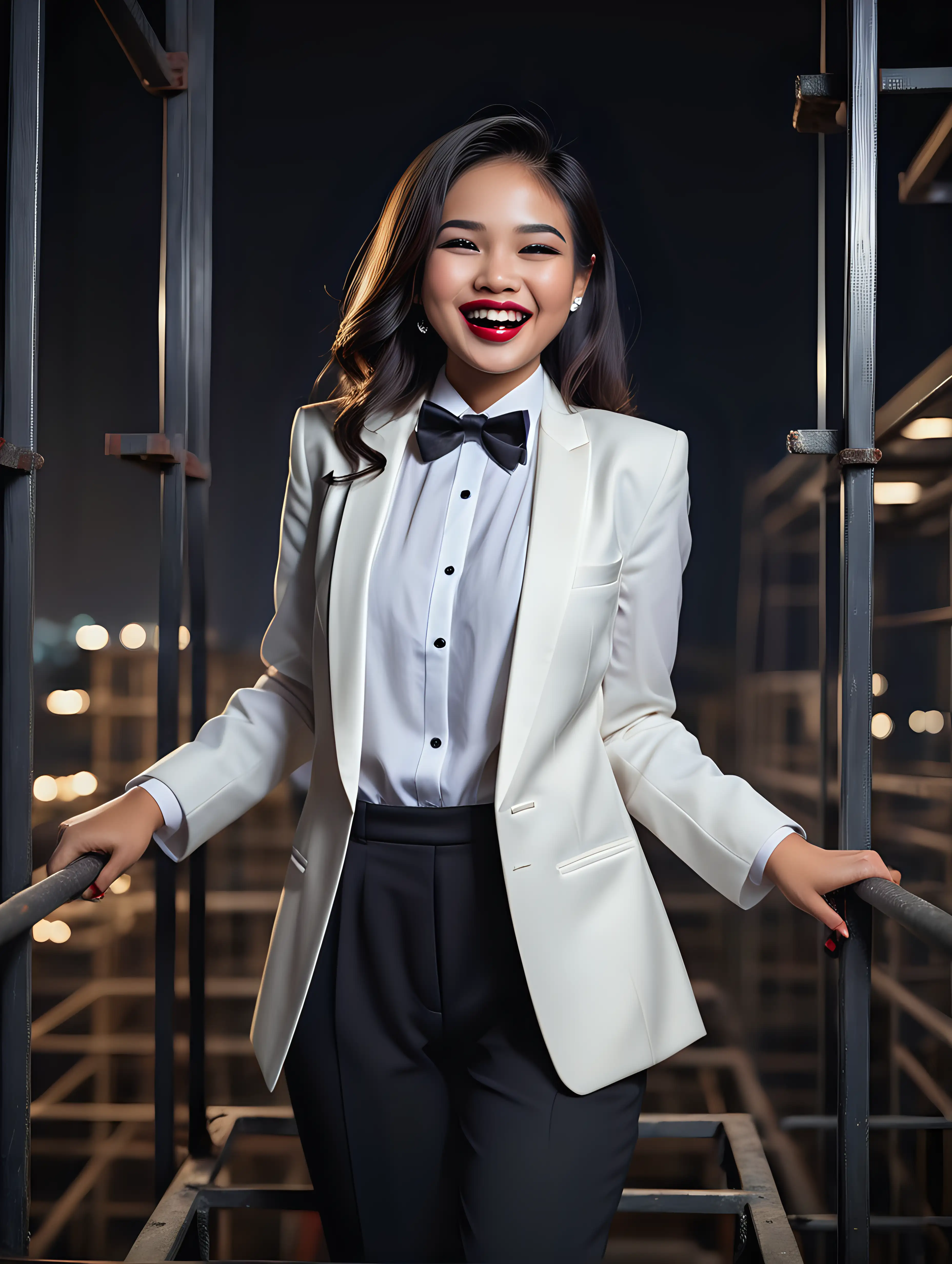 stunning and cute and sophisticated and confident Indonesian woman with shoulder length hair and lipstick wearing a white tuxedo with a white shirt with cufflinks and a (black bow tie) and (black pants), standing on a scaffold facing forward, laughing and smiling.  She is relaxed. It is night.