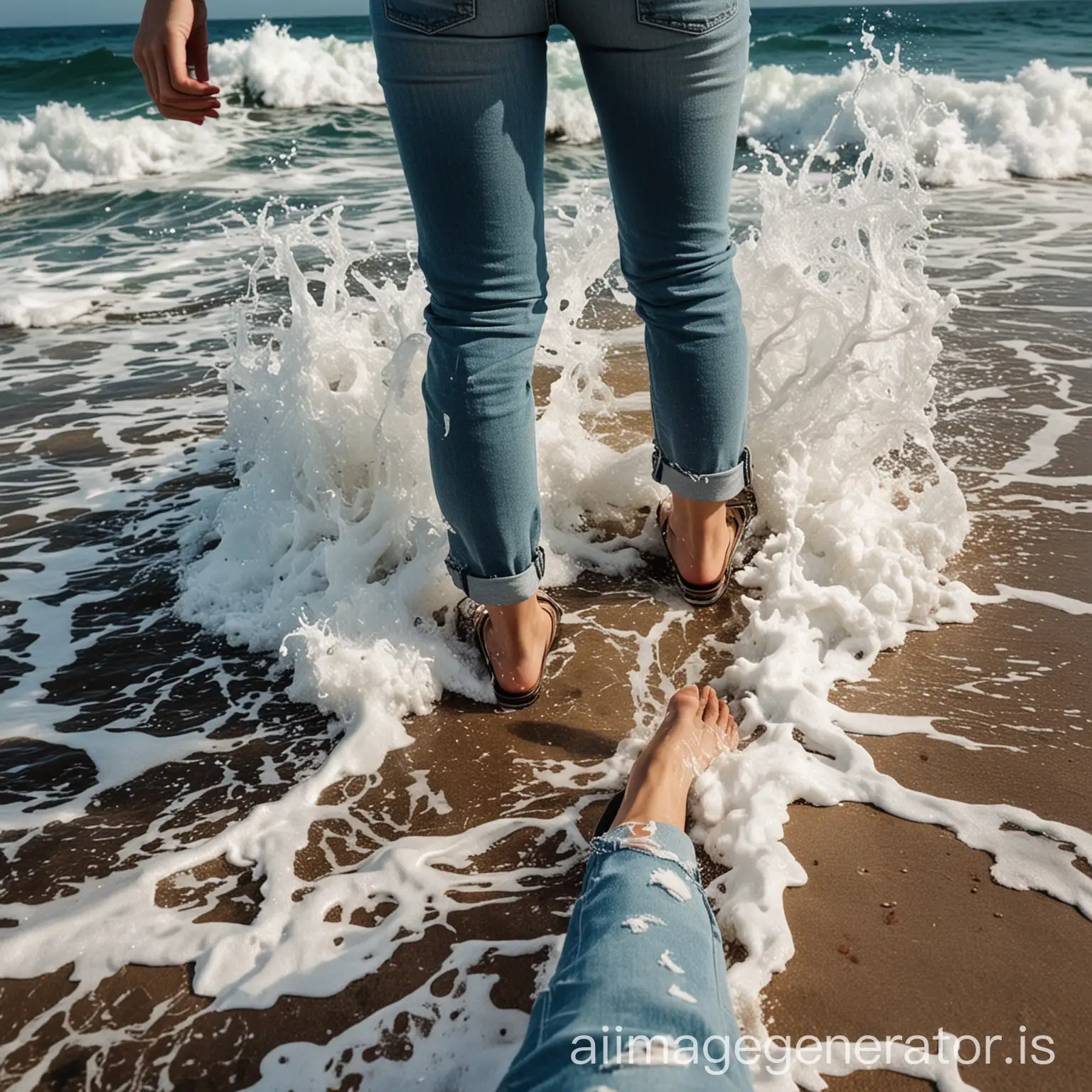 Girls-Jeans-and-Shoes-Hit-by-Approaching-Sea-Wave-at-Seashore