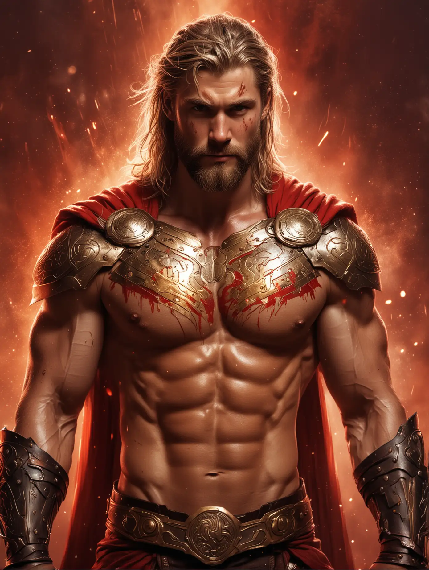 Illustration of a handsome shirtless demi-god man like thor, beard, nice abs, armor, weapons, red fog, gold sparks