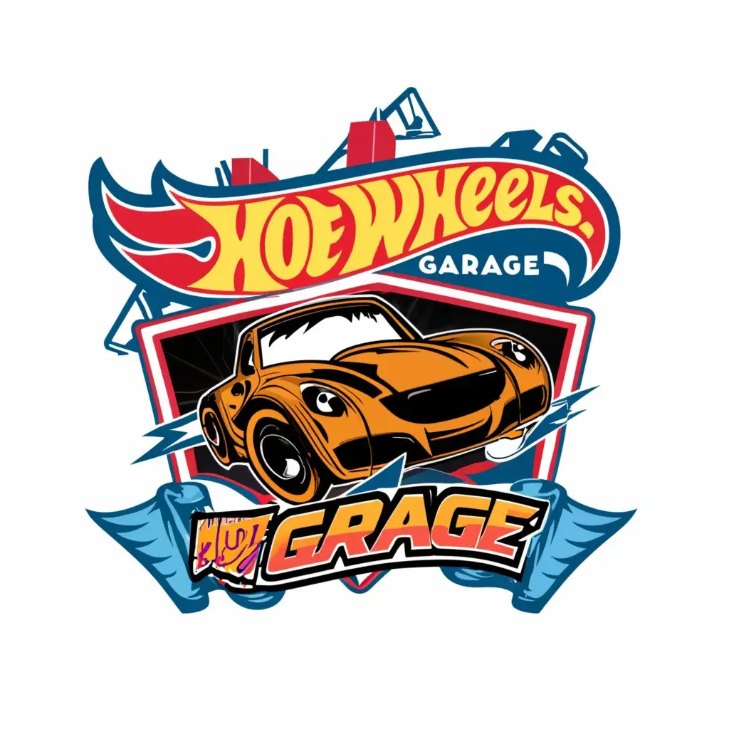 a logo design,with the text "HotWheelsGarage", main symbol:Hot Wheels logo, a garage, a car, llamas,Moderate,be used in Automotive industry,clear background