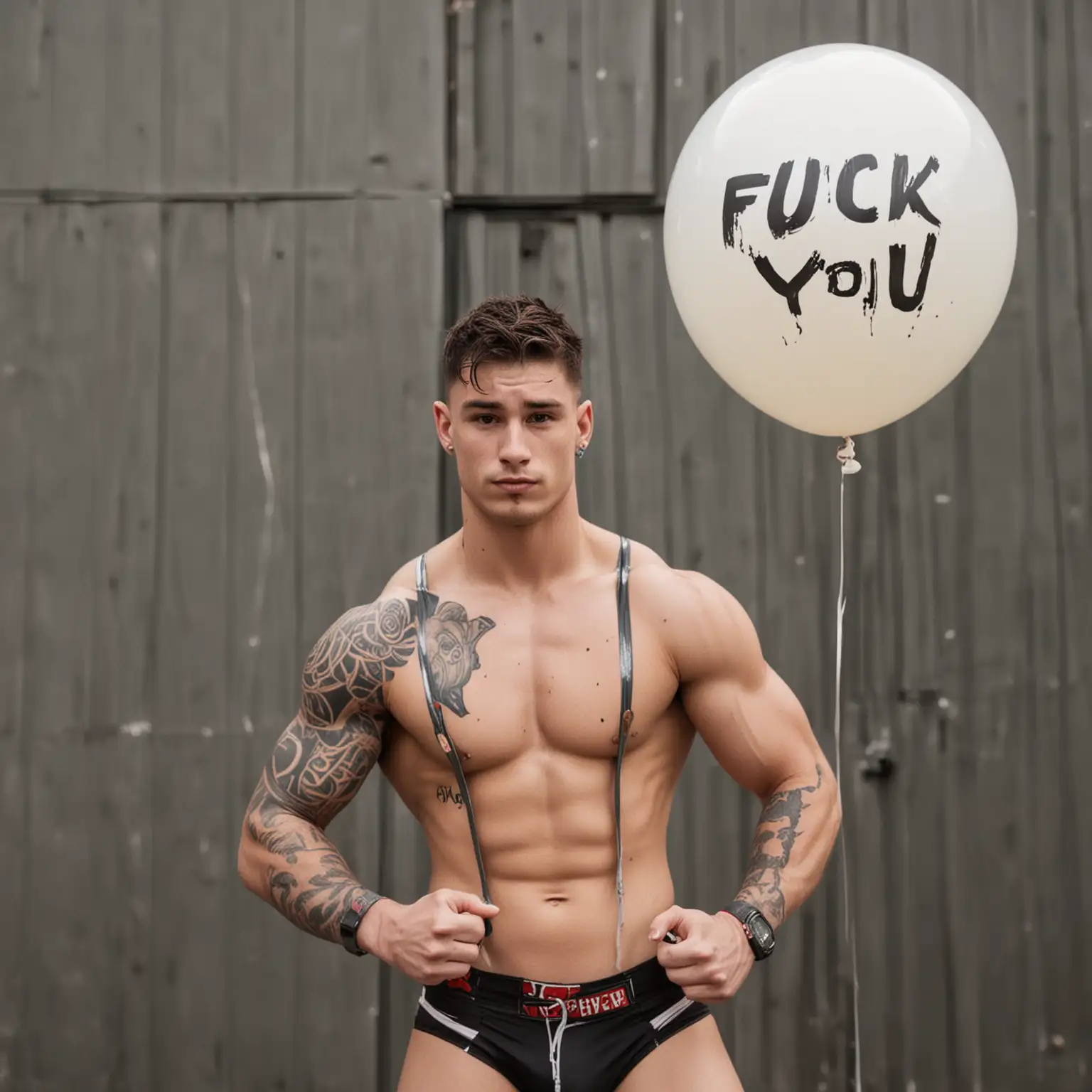 Muscular Wrestler with Provocative Balloon in Urban Setting | AI Image  Generator