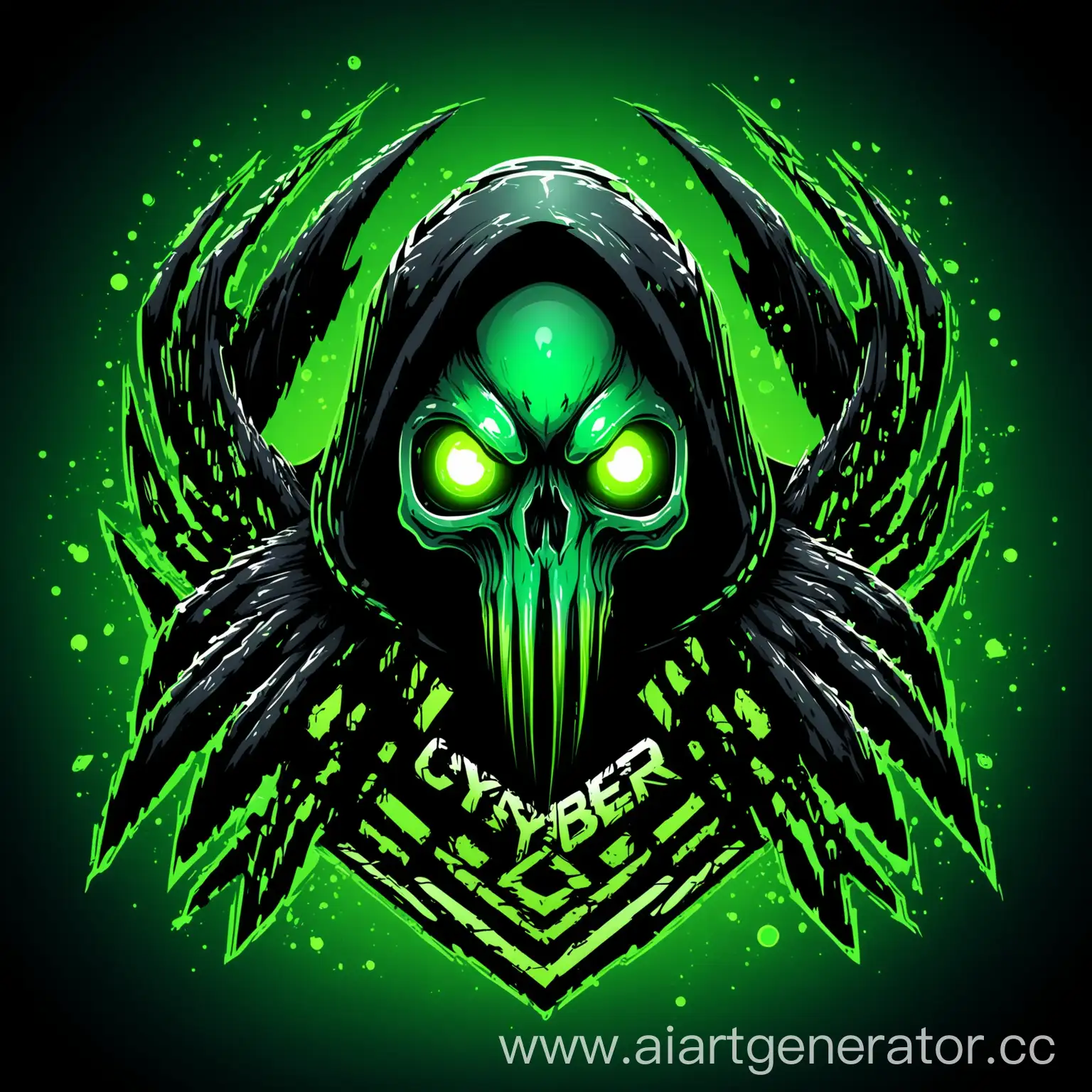 логотип, векторная графика, ультра качество, скверна, киберспорт, чёрный цвет, зелёный цвет, зелёное свечение, череп ворона