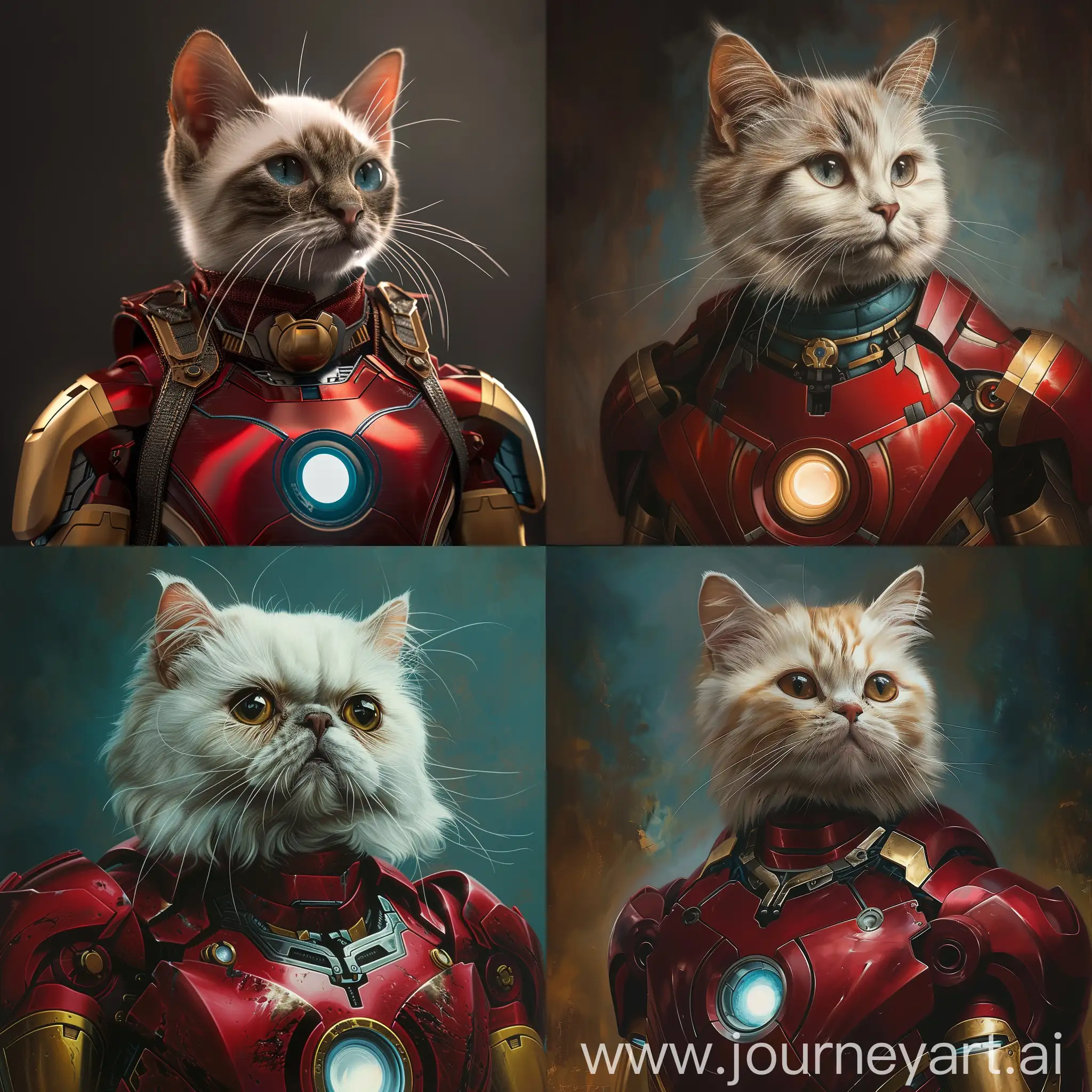 white blue Cat in an iron man suit hyperrealism