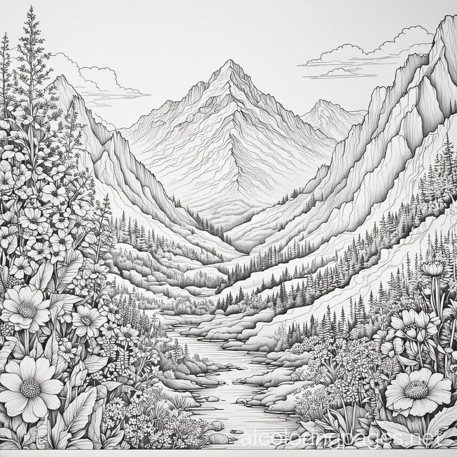 Floral-Mountain-Scene-Coloring-Page-for-Kids-Black-and-White-Line-Art