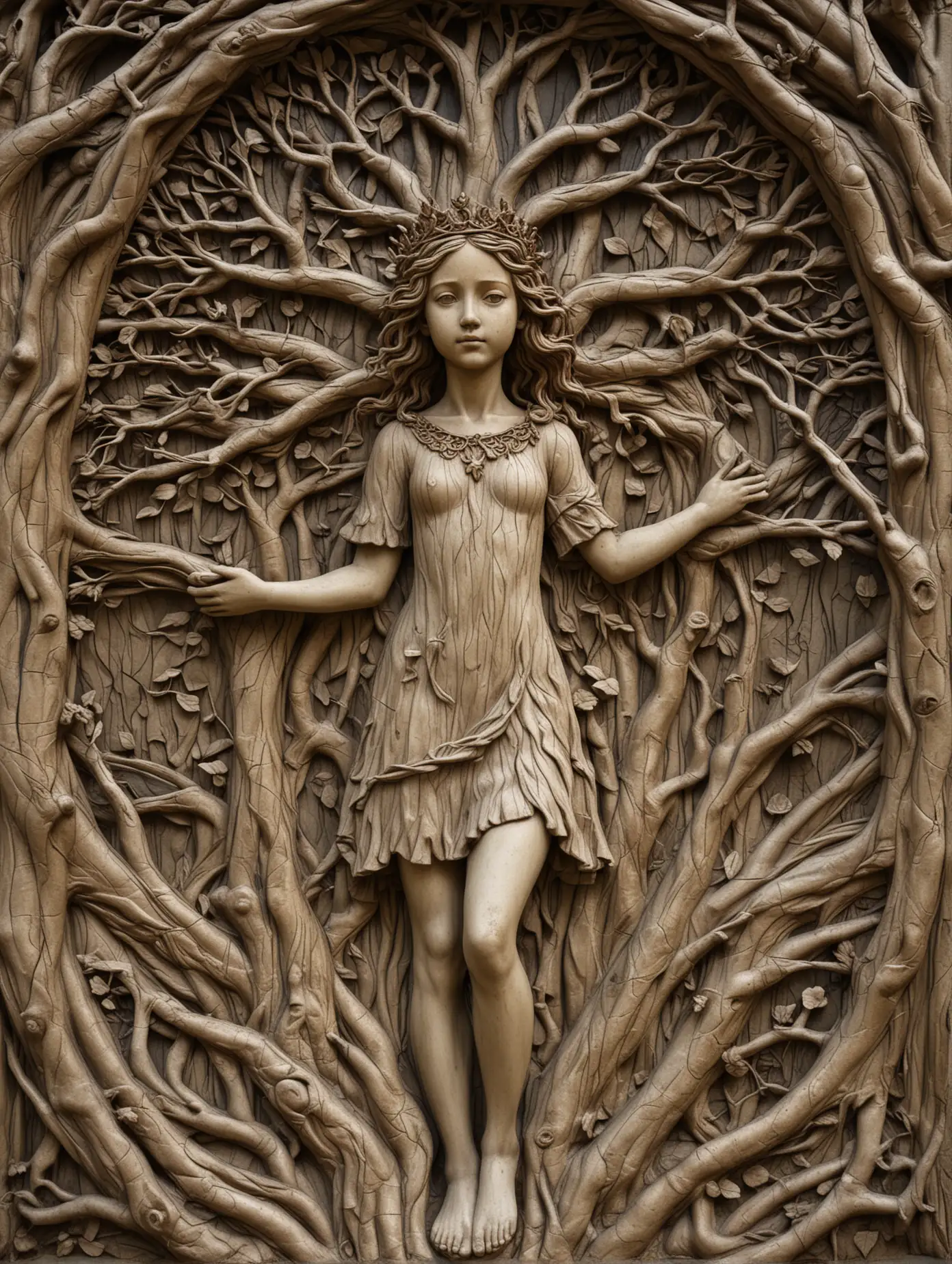 барельеф образ девушки в полный рост, в кроне большого дерева с переплетением веток и корней 
