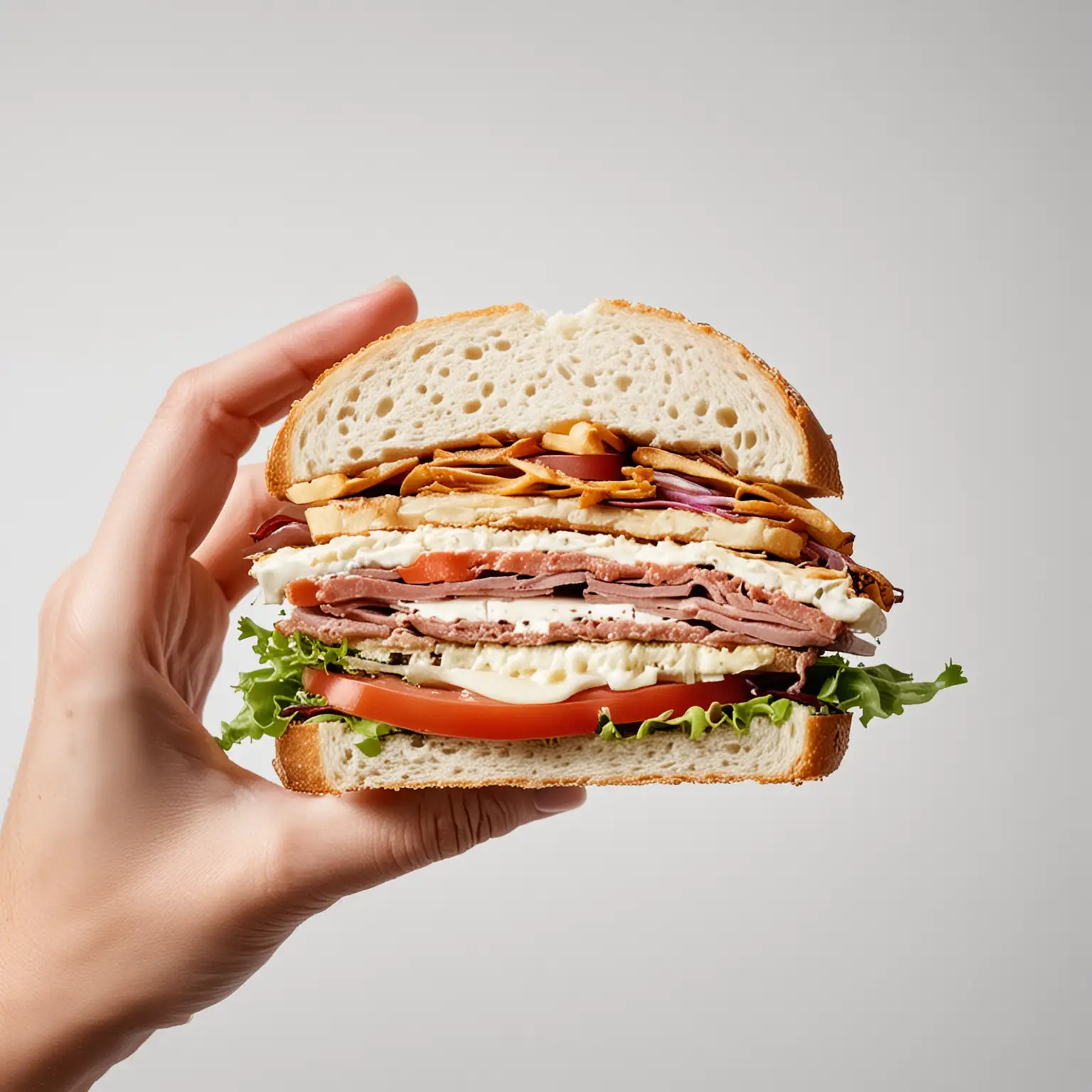 Hand Holding Sandwich on White Background
