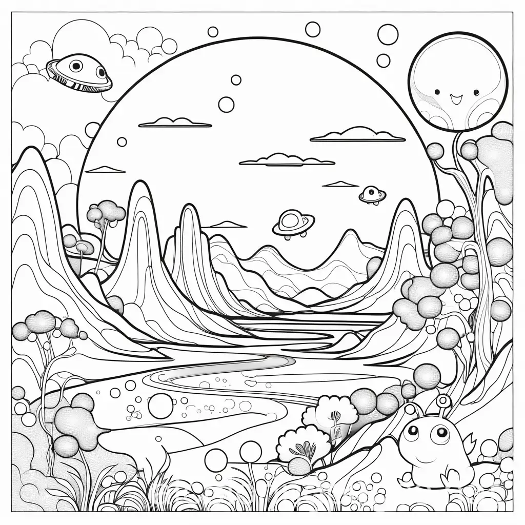 an alien bubble landscape with happy creatures, Coloring Page, black and white, line art, white background, Simplicity, Ample White Space. The background of the coloring page is plain white to make it easy for young children to color within the lines. The outlines of all the subjects are easy to distinguish, making it simple for kids to color without too much difficulty