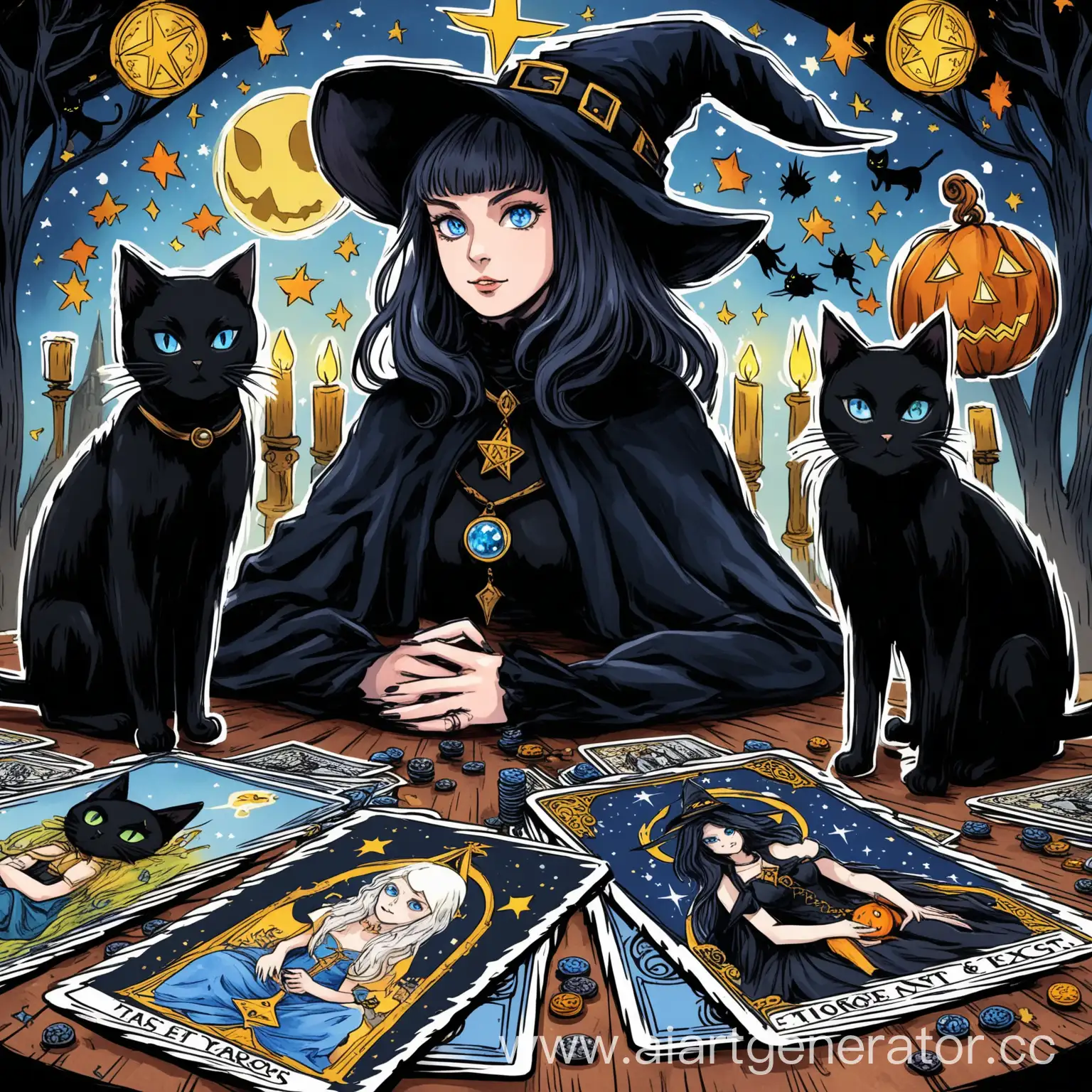 черные кошки рядом с ведьмой с голубыми глазами и карты таро