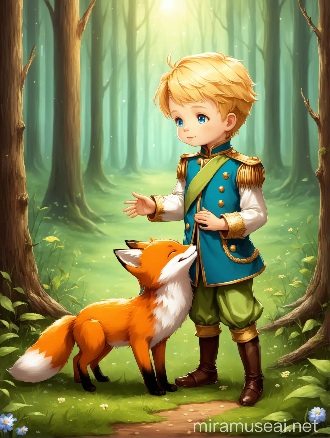 a little prince with his pet fox cub playing in forest


