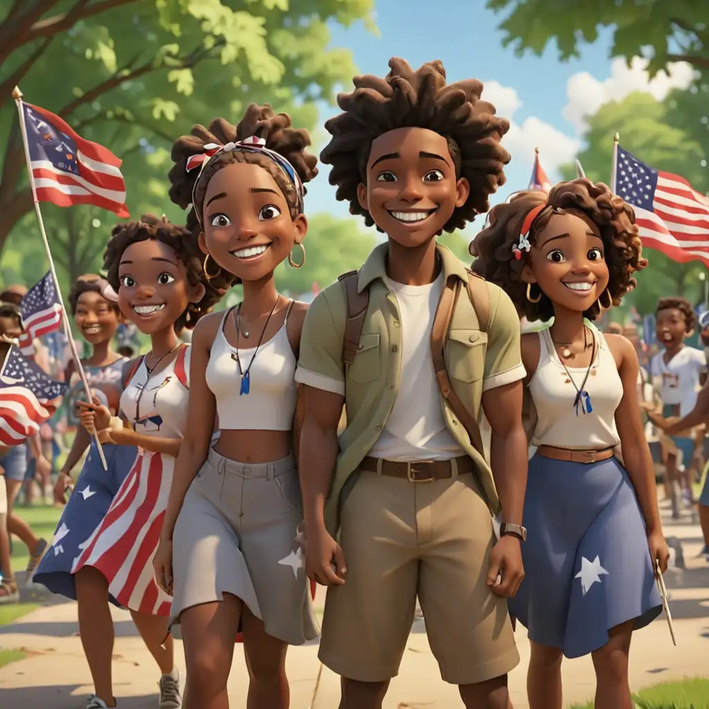defined 3D cartoon-style African Americans at the park with Juneteenth flags smiling 