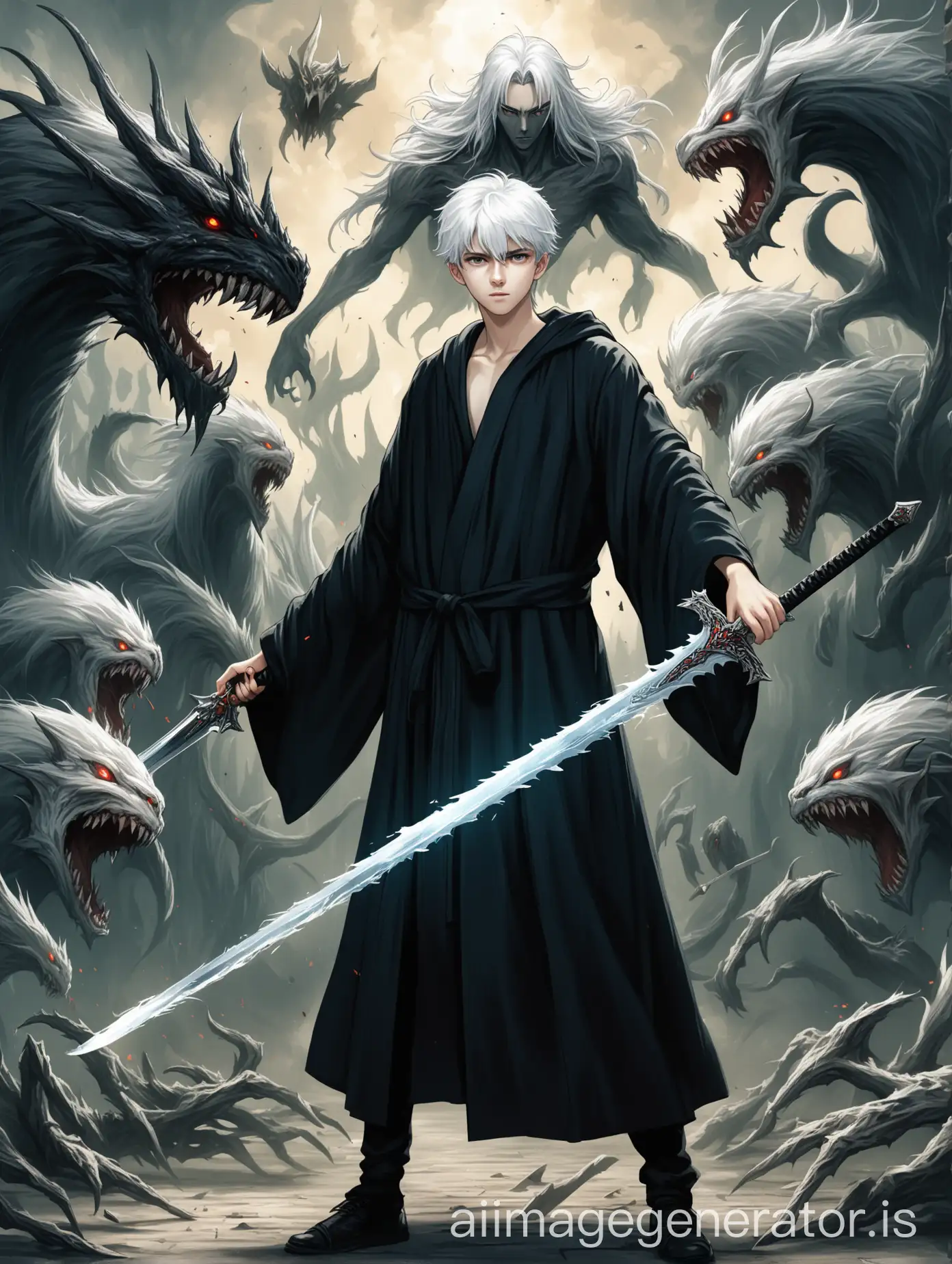 a handsome white-haired teenager in black robe holding a strange sword killing monsters