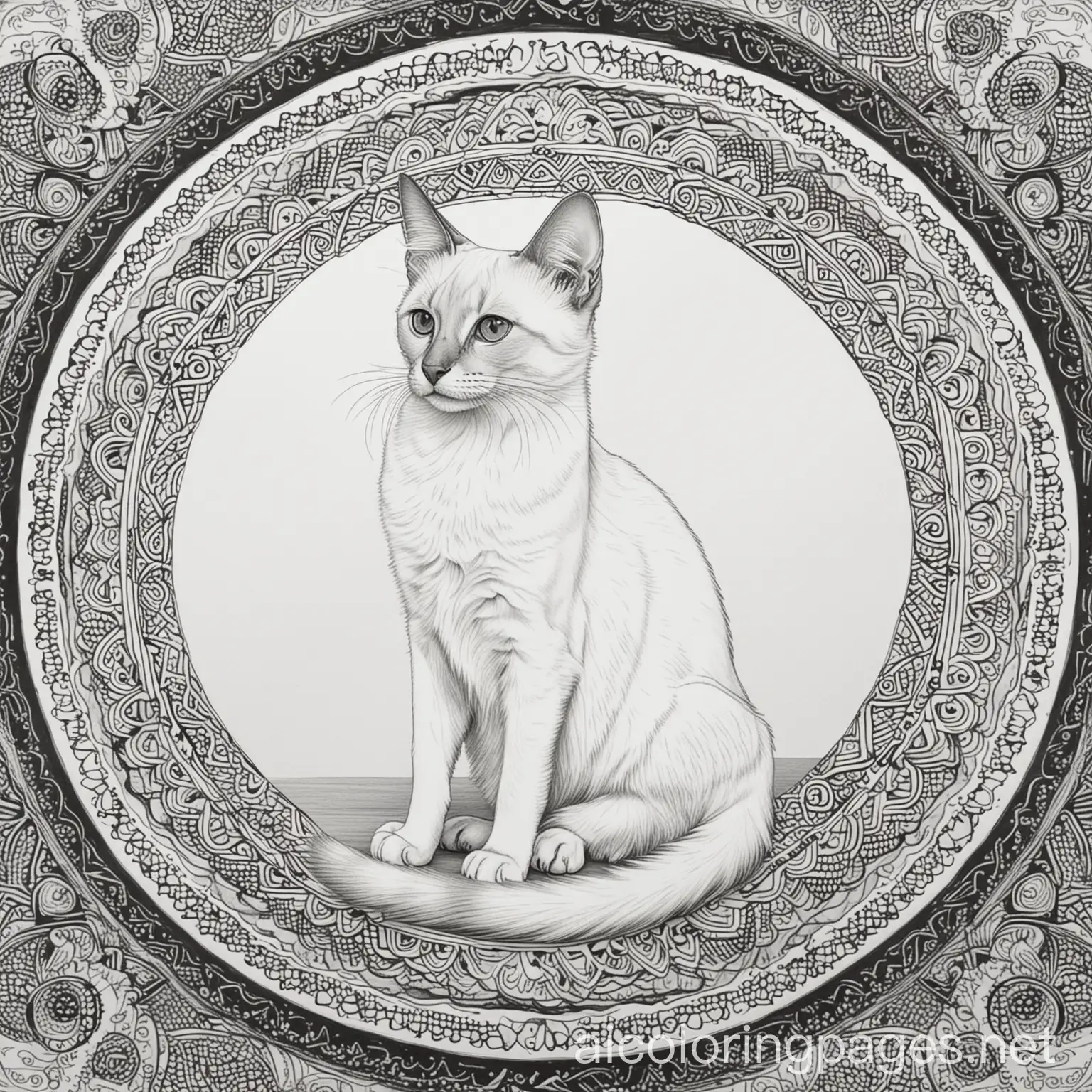 Balinese-Cat-Coloring-Page-with-Space-Mandala-Background