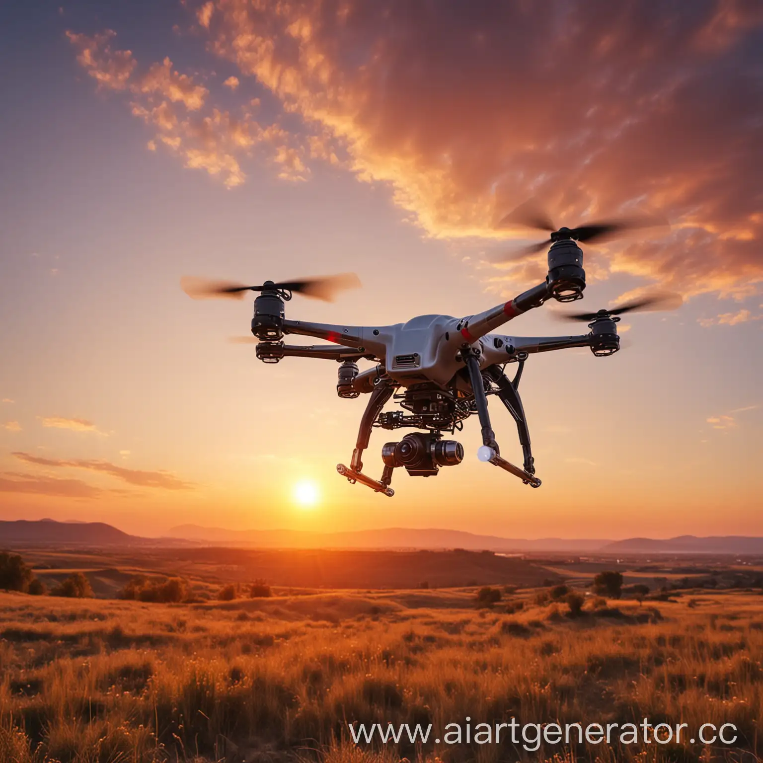 Quadrocopter-Flying-in-Stunning-Sunset-Scene