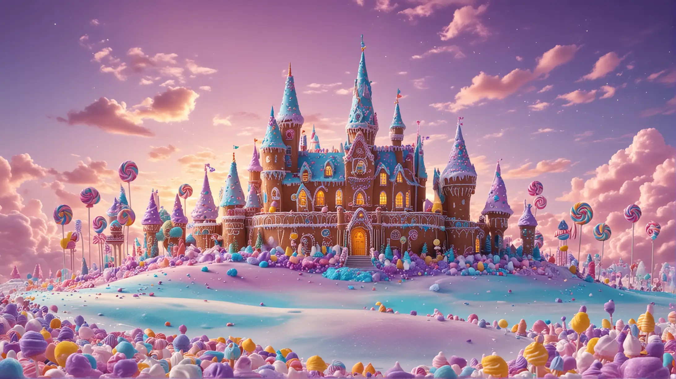 Fairytale candy castle and a Whimsical gingerbread town of houses. Lollipops by magical bright-turquoise-sugar rivers of whip cream and ice cream. Candy in the middle of ice cream-frosting hills. Candy-sprinkles. Purple. Blue. 8K. bright-yellow, and purple sky with cotton-candy clouds and giant sugary planet in sky.