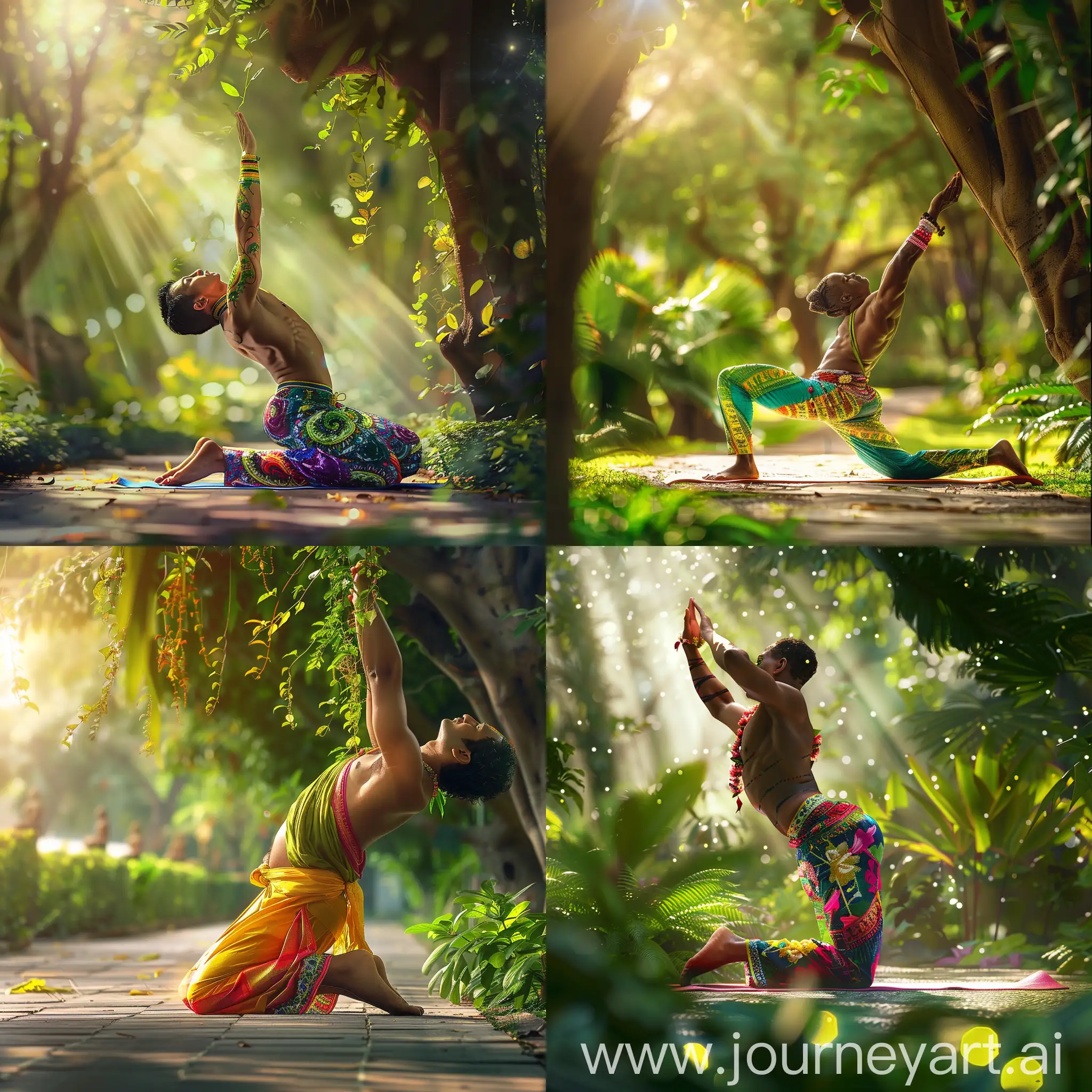 a man wearing vibrant attire doing yoga in a serene park with lush greenery and soft sunlight. Super detail, accurate color, best quality resolution 