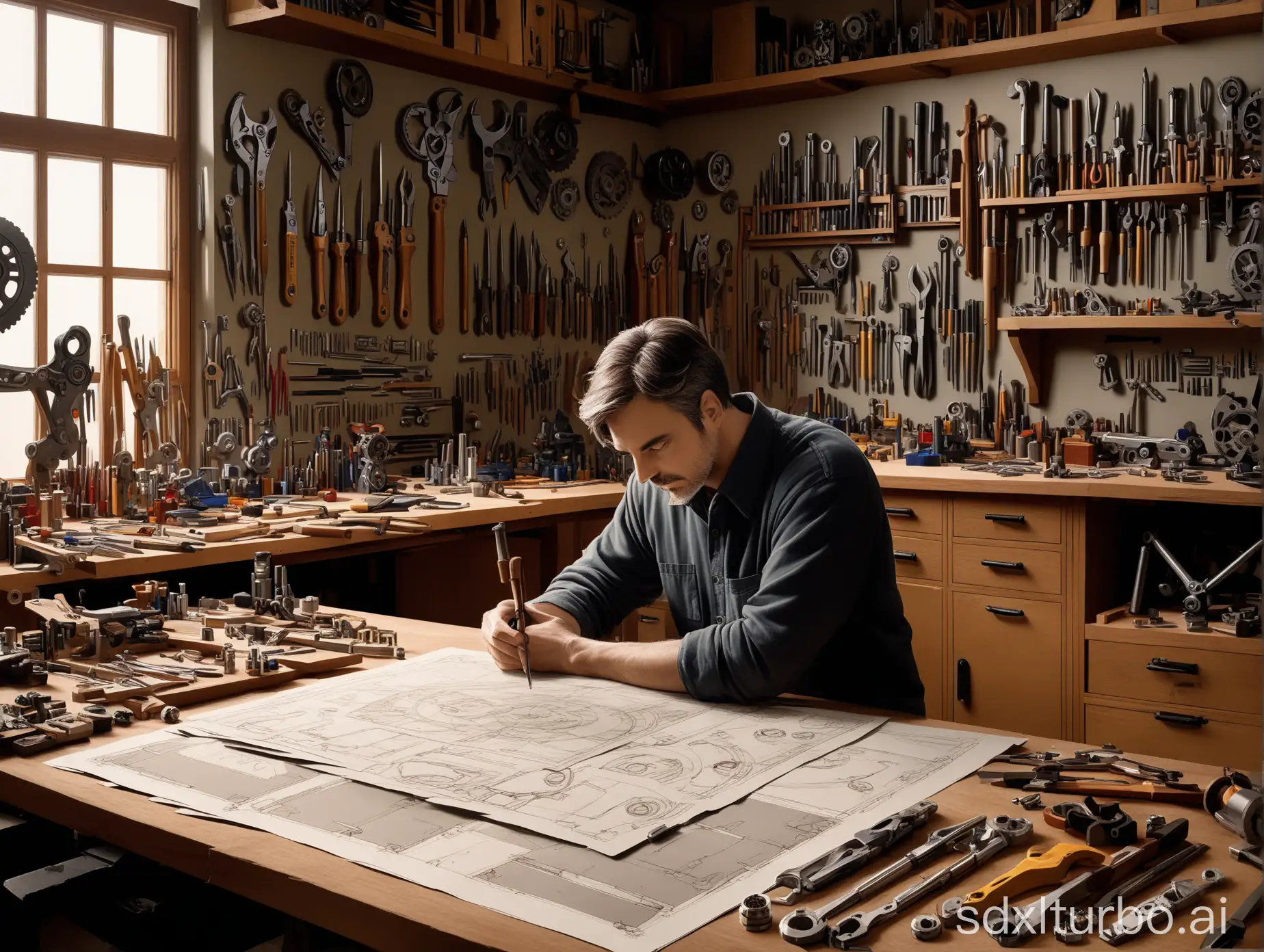 A craftsman with an ISTP personality is sitting in front of a workbench full of various tools and materials, skillfully operating complex mechanical parts. His gaze is calm and profound, his brows furrowed as if he is carrying out some complex logical analysis. His workbench is laid out with exquisite parts and blueprints, showing off his mastery of craftsmanship and pursuit of perfection. On the wall behind him are hung some of his completed works, which not only showcase his skill but also reflect his calm analysis and problem-solving abilities. The whole scene is filled with a professional, precise and calm atmosphere, while also revealing a hint of love and pride for craftsmanship.
