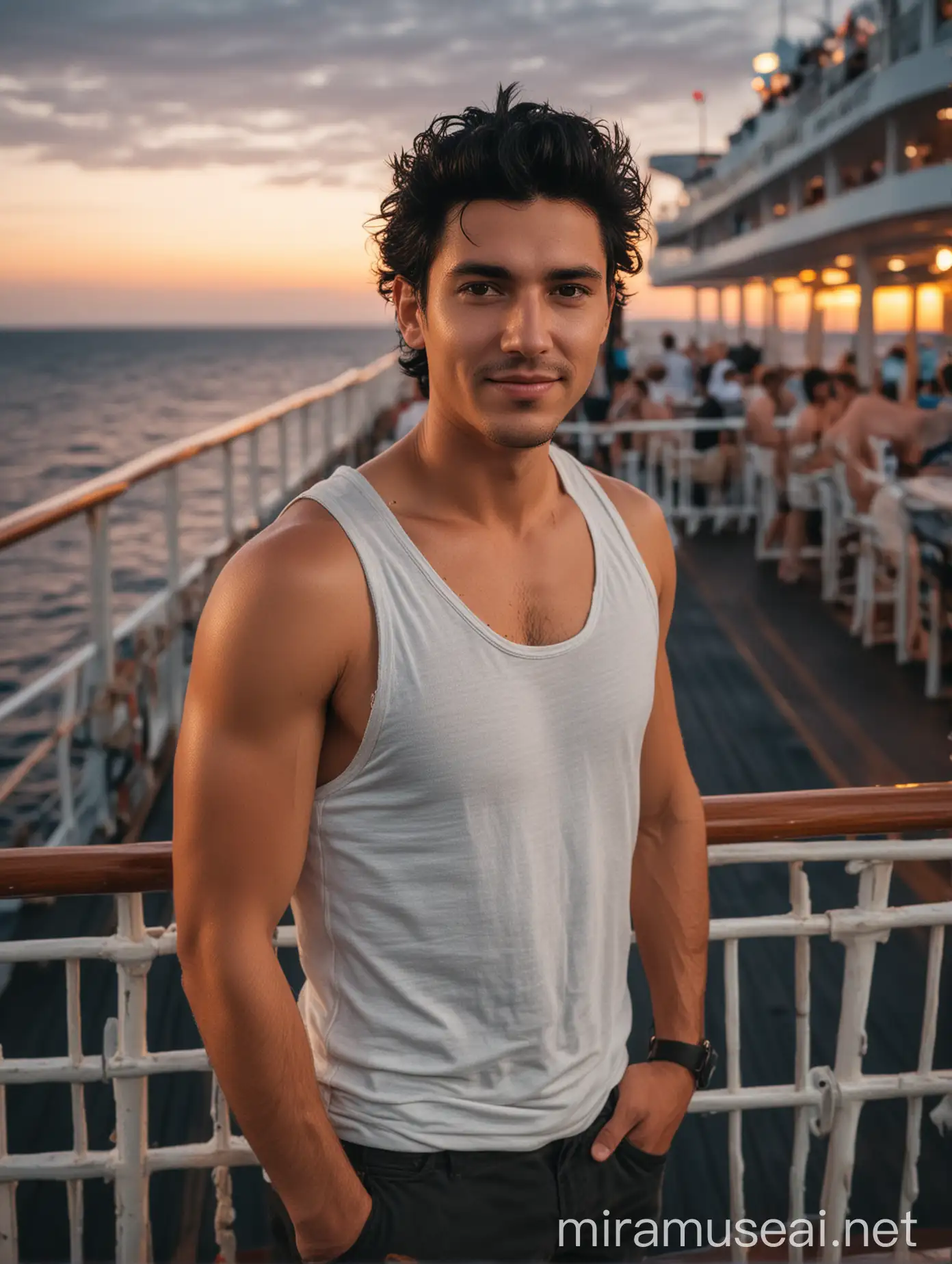 Cinematic photography, focused focus showing the atmosphere on the deck of a cruise ship at sunset, you can see a handsome man with spiky black hair wearing singlet standing on his back  on the ship's railing with his back to the ocean, at the night quiet atmosphere, smiling at the camera