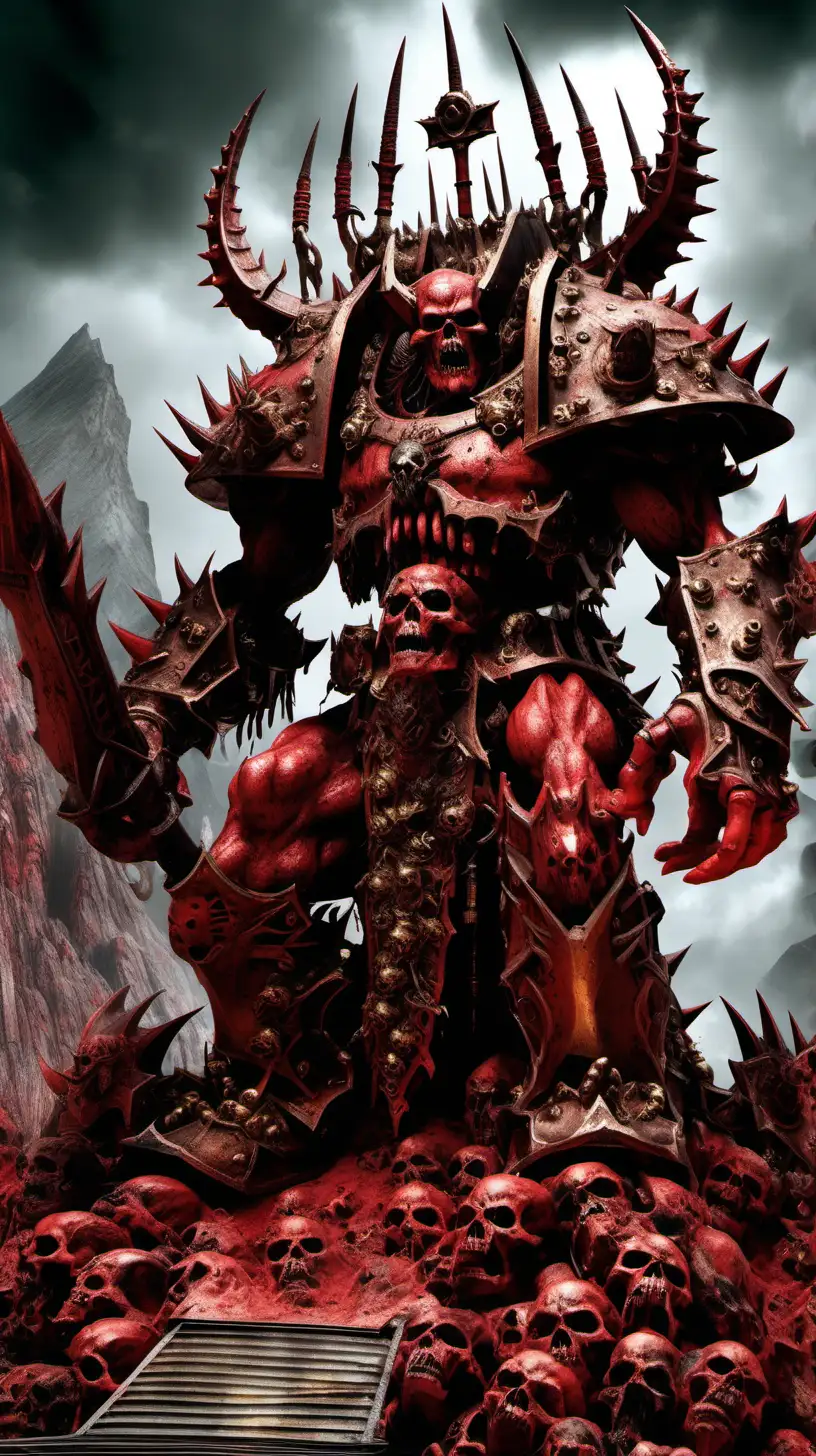 enourmous giant Khorne with demonic face and gold titanic armour, great brass throne sits upon a mountain of skulls, from Warhammer 40000, skulls and rivers of blood on background,  hyper-realistic, photo-realistic