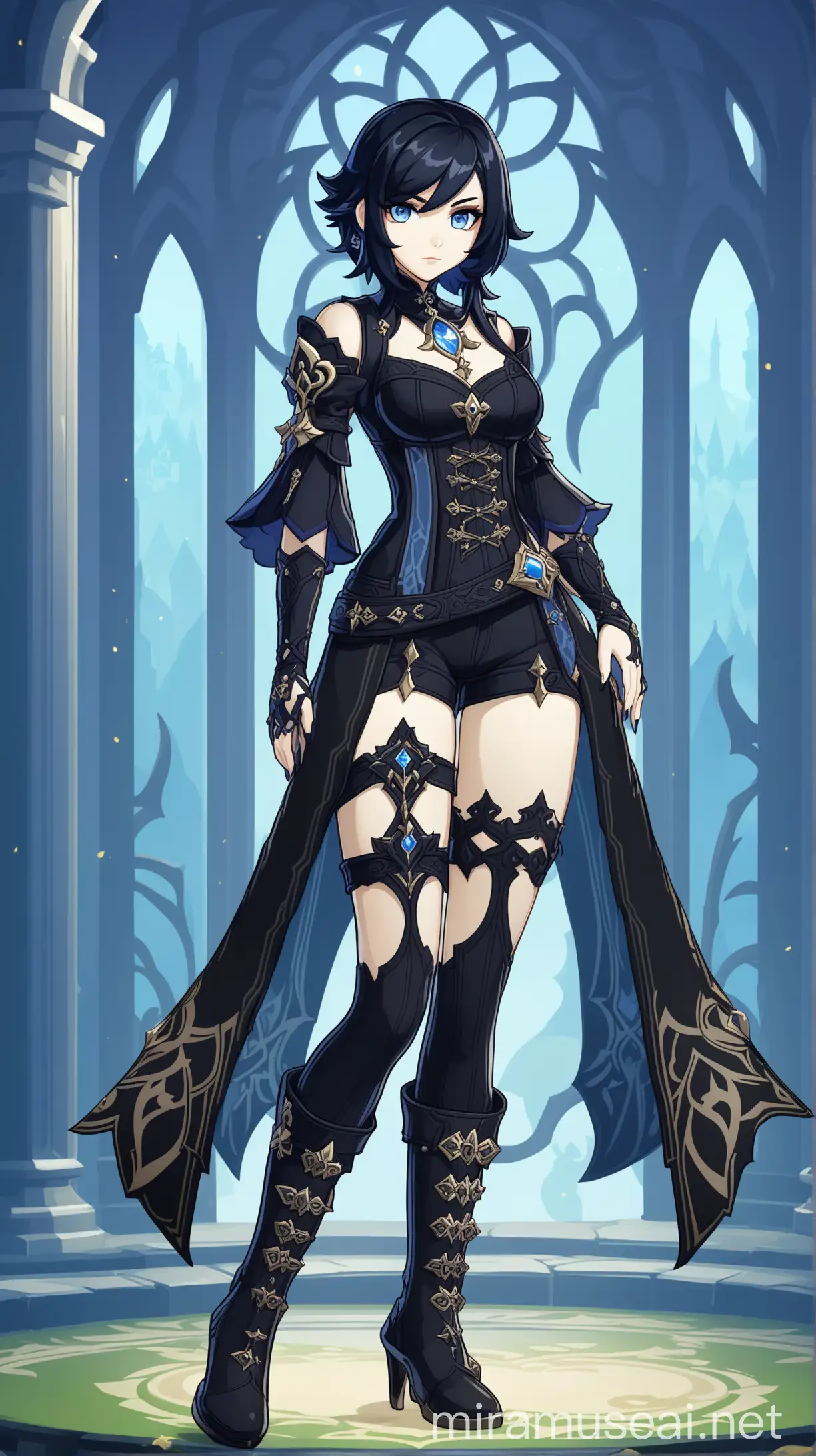 Gothic Style Female Original Character with Black Hair and Blue Eyes in Genshin Impact Art Style