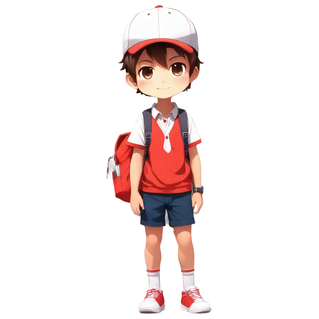 cute little school boy chibi, standing facing front using, white colared short shirt, red shorts, sneakers