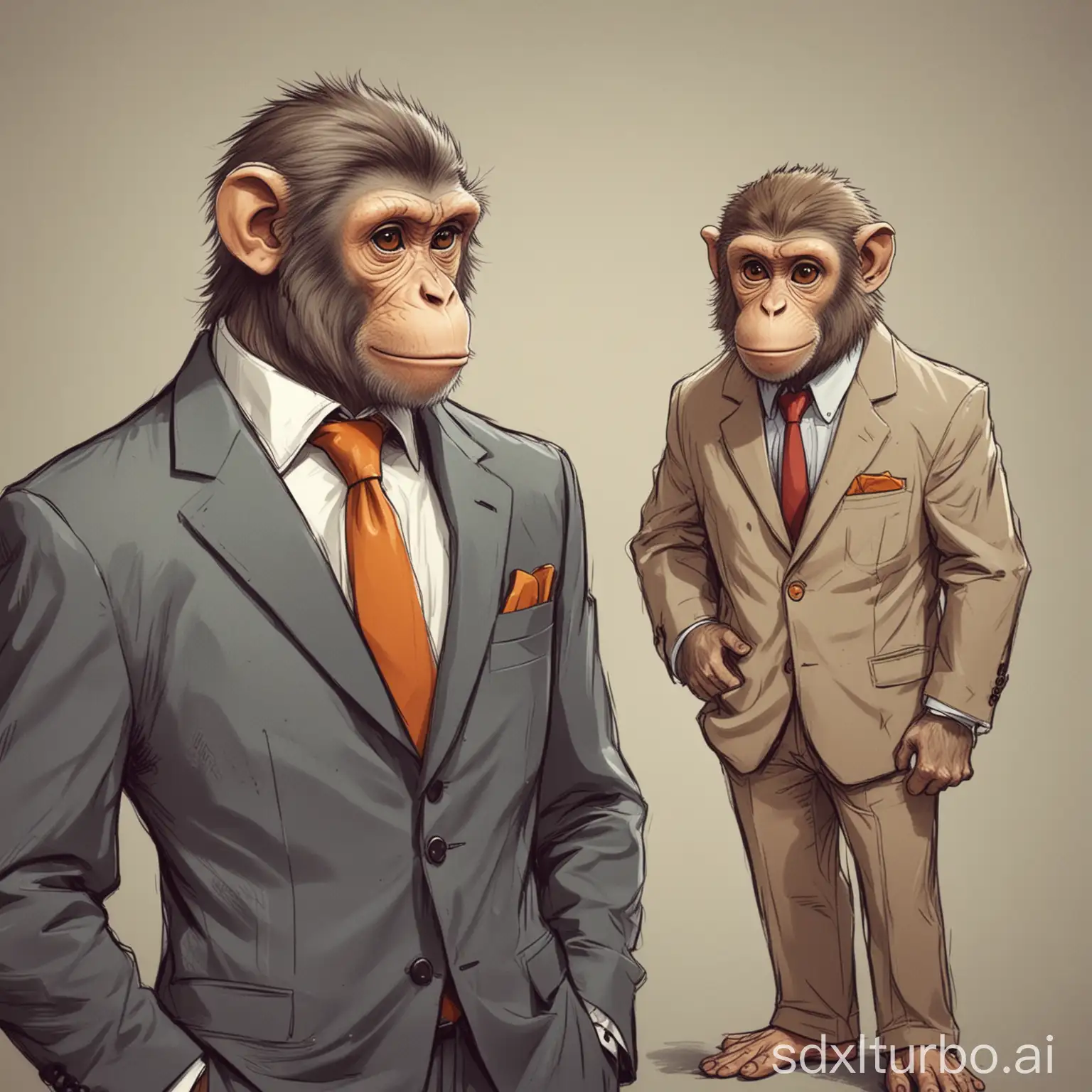 画一只猴子好奇的看着穿西装的男人，漫画风格