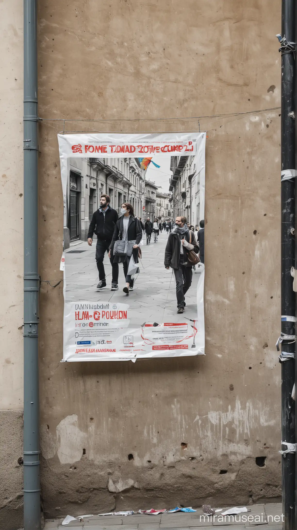 Un poster en un muro en la ciudad de Milano, ubicado detrás  de una calle altamente concurrida, de fondo personas caminando el poster con una foto de milano
