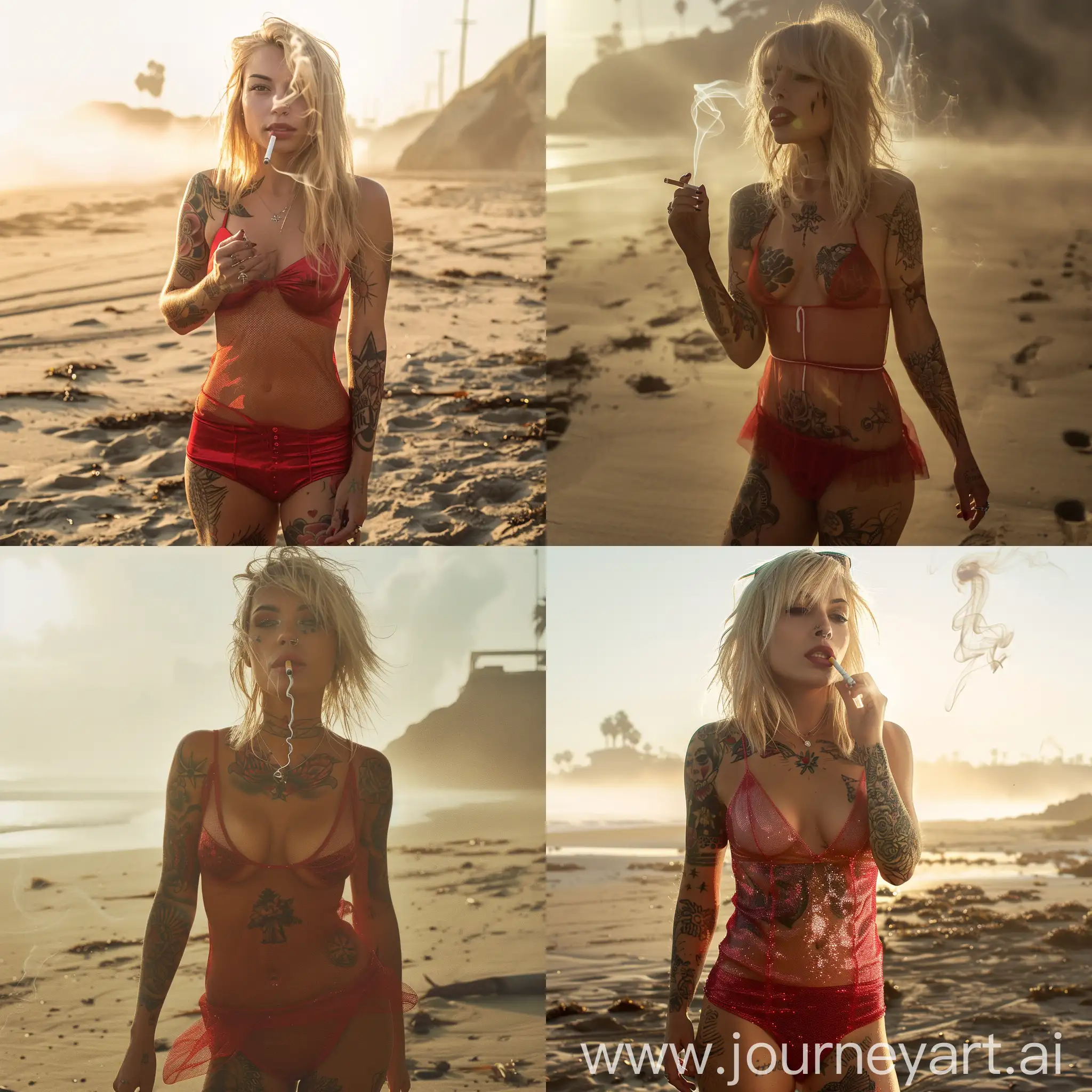 Blonde-Pinup-Model-in-Translucent-Red-Dress-on-Foggy-Beach