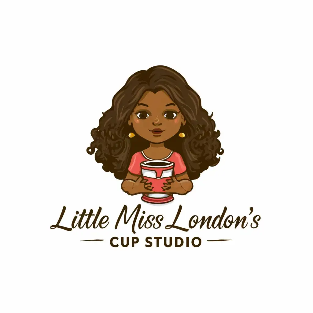 a logo design,with the text "LITTLE  MISS   LONDON'S   CUP STUDIO", main symbol:BEAUTIFUL AFRICAN AMERICAN LITTLE GIRL WITH LONG WAVY HAIR HOLDING A MUG IN HER HANDS,Moderate,clear background