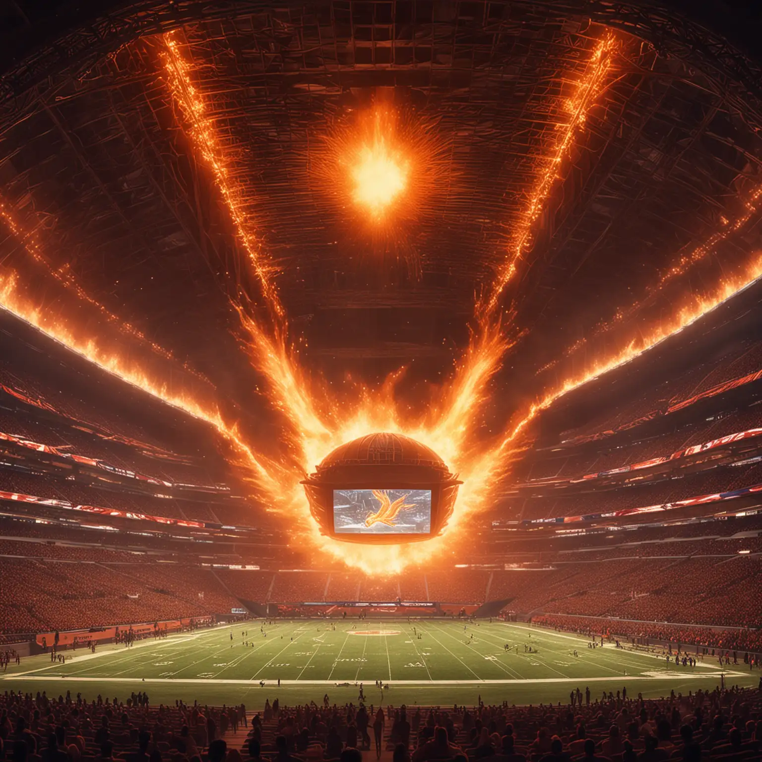 A mystical futuristic design of a phoenix american football stadium from the inside, fire blazing