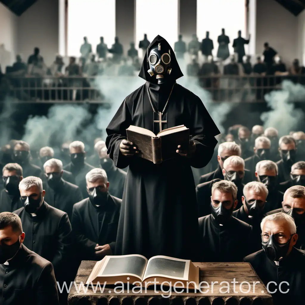 Priest-in-Gas-Mask-Reading-Book-on-Tribune-Surrounded-by-Peasants