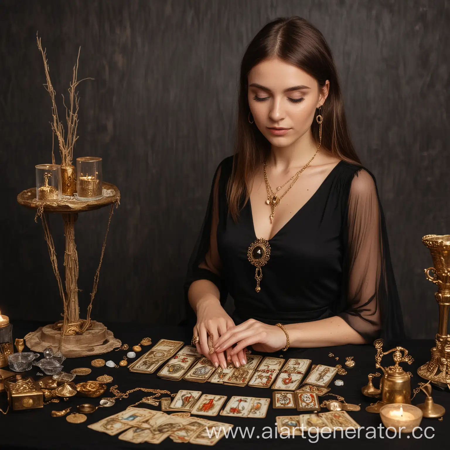 Женщина в черном платье с золотыми украшениями занимается гаданием на таро
