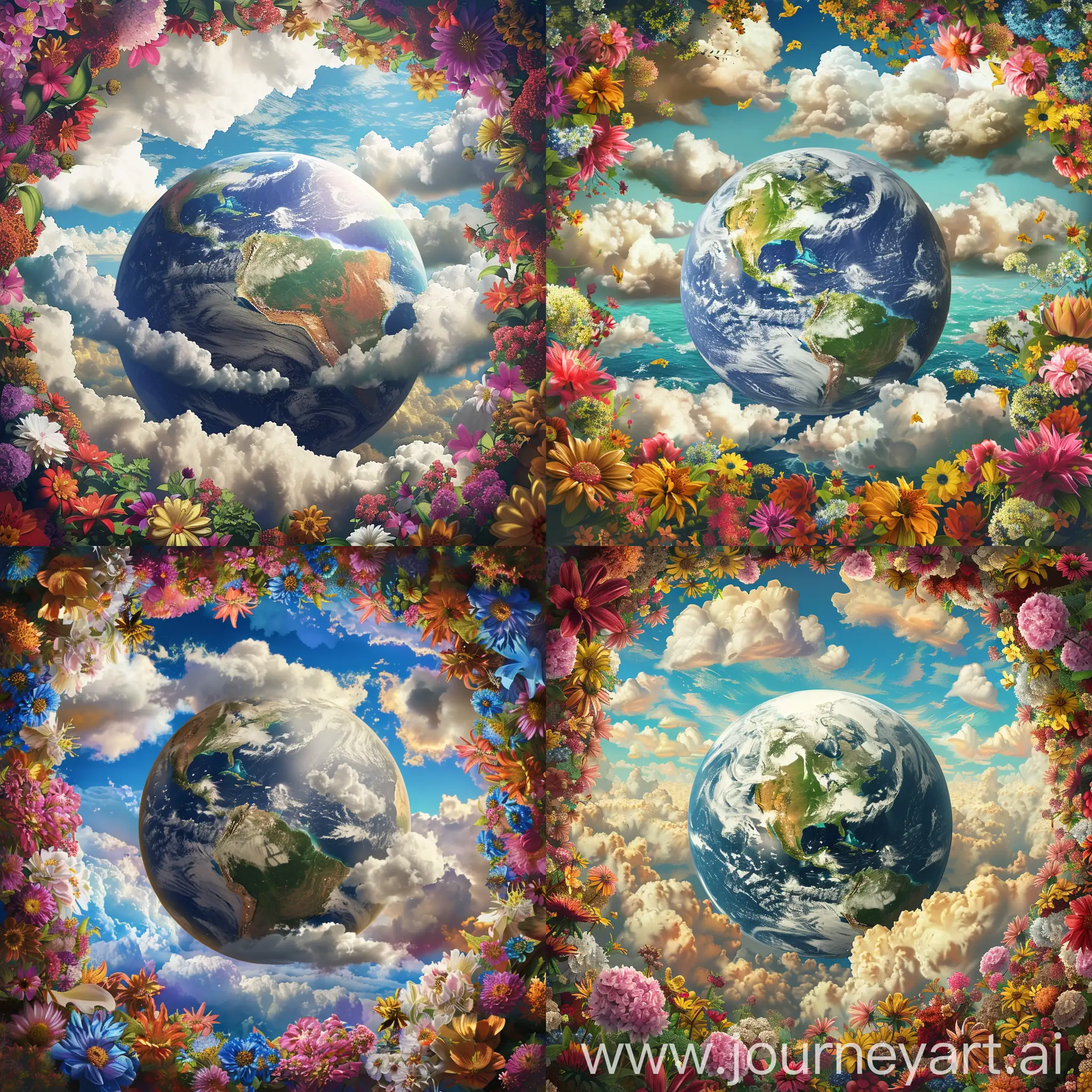 The image I have in mind for the NFT is of planet Earth surrounded by beautiful flowers, seas, dry lands, and deserts, all with a special and captivating appeal. The unique and beautiful flowers around the Earth, as well as the attractive clouds above it, bring a special beauty to the image.

The image type is digital paintings



The color pattern I have in mind for this design includes the following:


Flower Pattern:
#FFD700
#FFA500
#FF6347
#FF69B4
#8A2BE2
Cloud Pattern:
#F0FFFF
#87CEFA
#ADD8E6
#B0E0E6
#CAE1FF
Sea Pattern:
#4682B4
#5F9EA0
#20B2AA
#48D1CC
#7FFFD4
Earth Pattern:
#8B4513
#A0522D
#CD853F
#D2691E
#F4A460