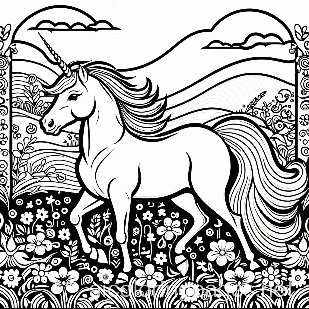 A unicorn playing in a flowered field., Coloring Page, black and white, line art, white background, Simplicity, Ample White Space. The background of the coloring page is plain white to make it easy for young children to color within the lines. The outlines of all the subjects are easy to distinguish, making it simple for kids to color without too much difficulty